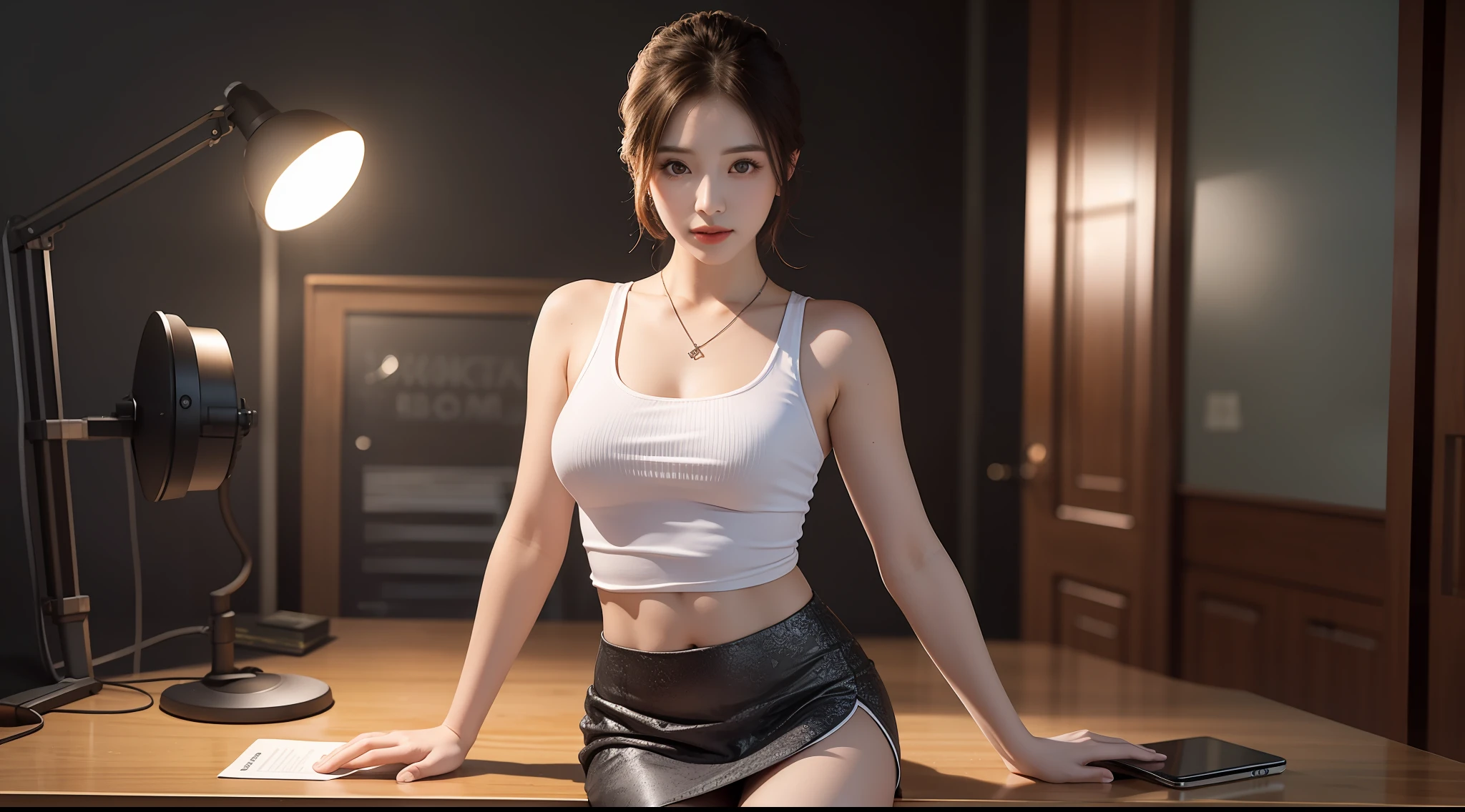 beautiful lighting, real life, beautiful professional women, wear tank top short skirt, stand beside working desk, eye looking to camera , show full body view with legs, intricate, high detail, sharp focus, ultra realistic, 8K, masterpiece, best quality, high quality