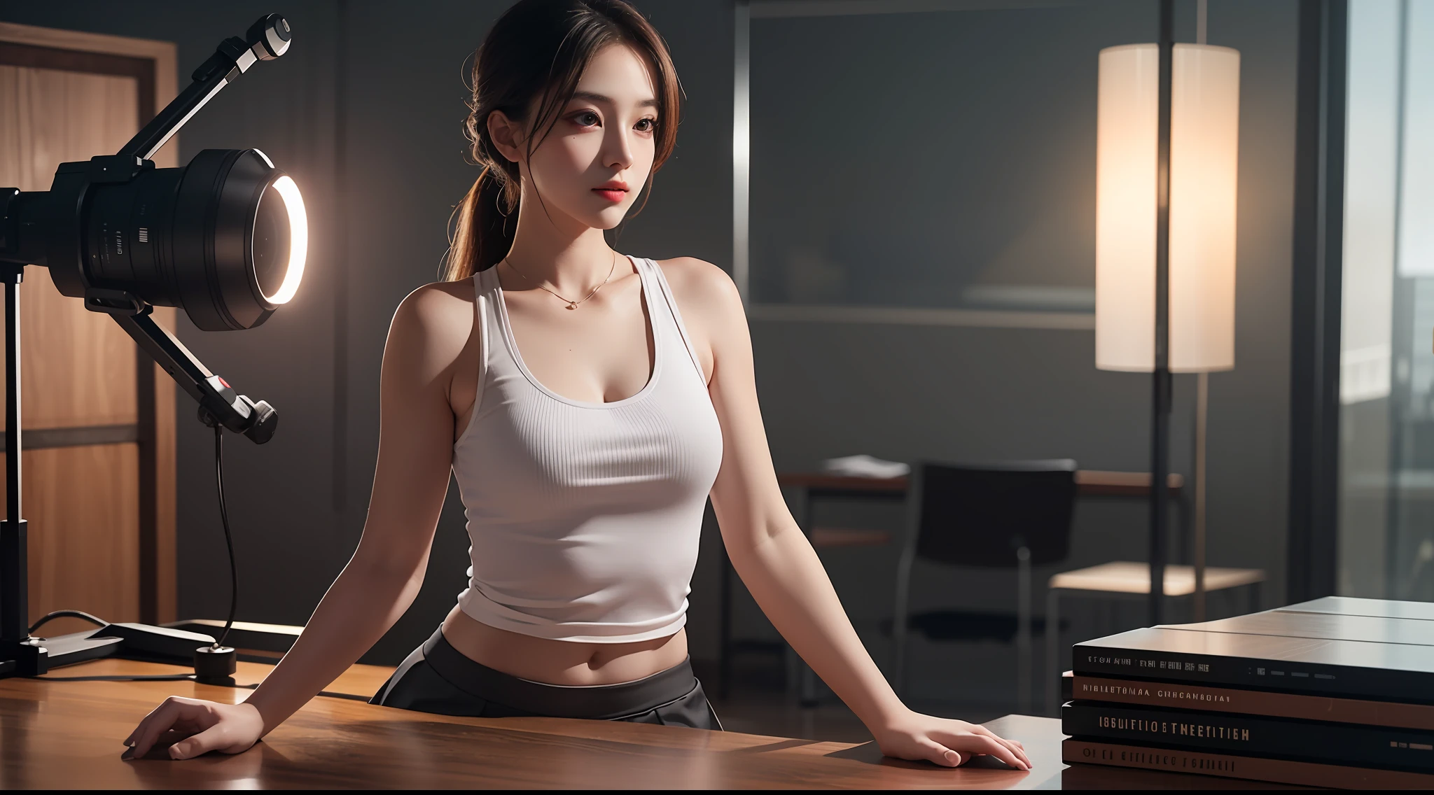 beautiful lighting, real life, beautiful professional women, wear tank top short skirt, stand beside working desk, eye looking to camera , show full body view with legs, intricate, high detail, sharp focus, ultra realistic, 8K, masterpiece, best quality, high quality
