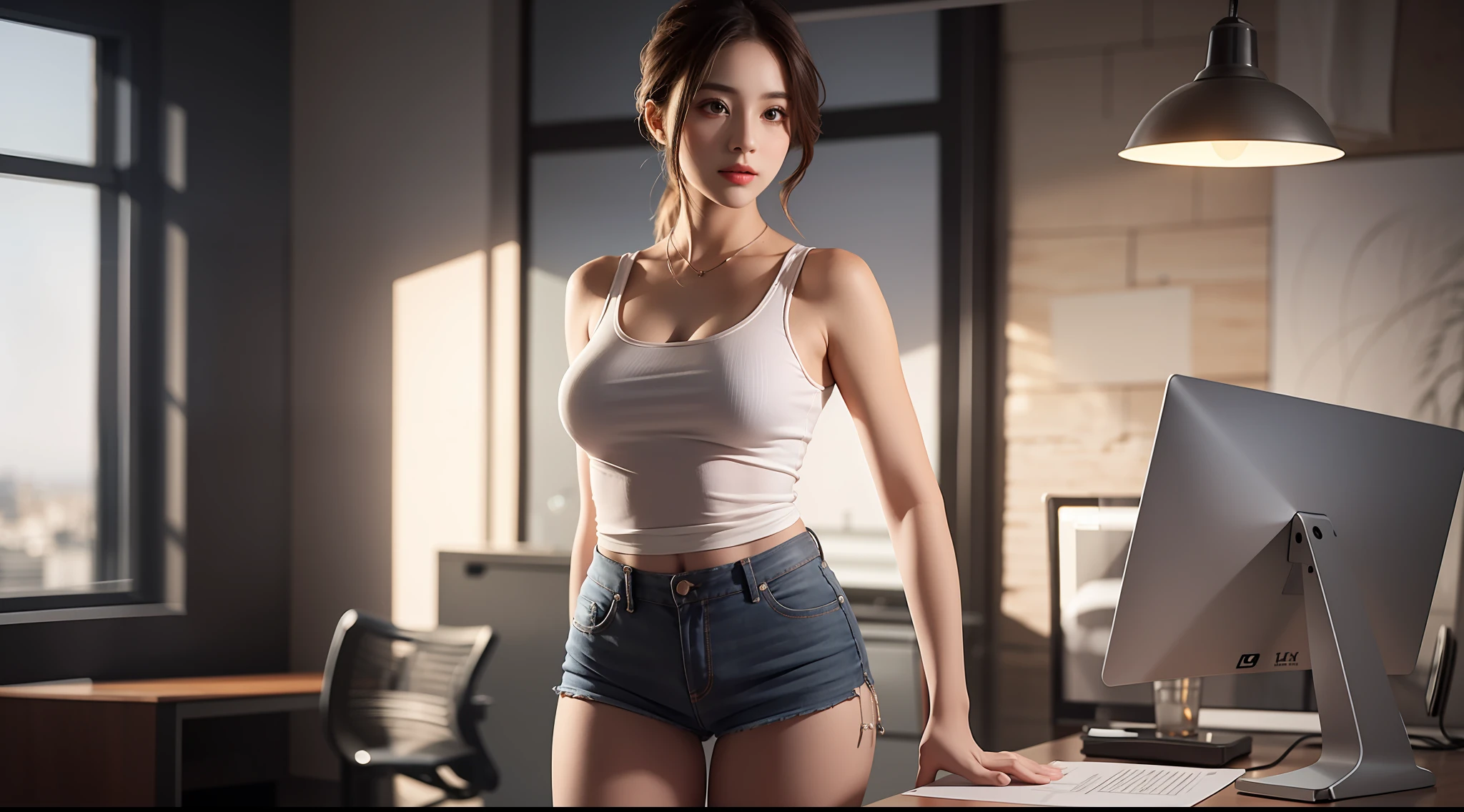 beautiful lighting, real life, beautiful professional women, wear tank top short skirt, stand beside working desk, eye looking to camera , show full body view with legs, intricate, high detail, sharp focus, ultra realistic, 8K, masterpiece, best quality, high quality