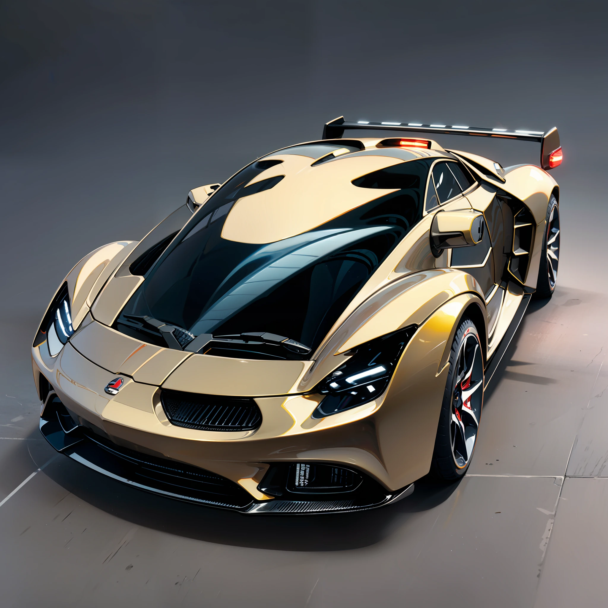 A realistic close-up sports car model with rear wing, solid color background, high quality, ultra clear, metallic luster, glare.