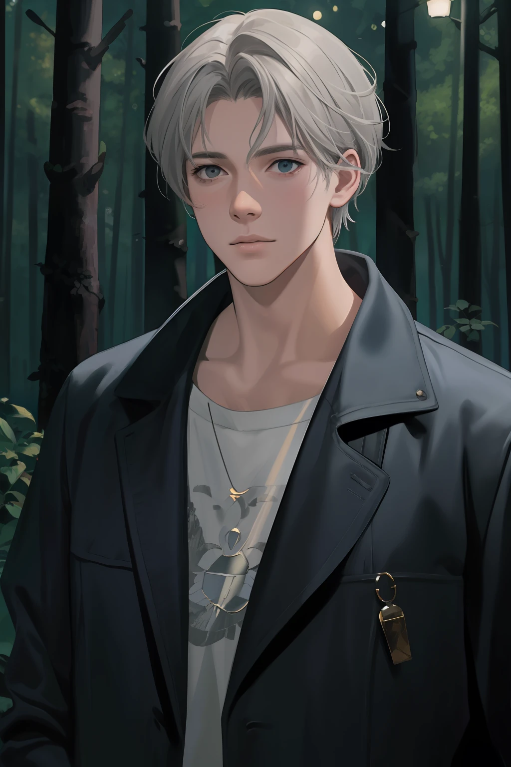 nsfw, masterpiece, best quality, super detailed, semi-realistic, detailed facial features, 1 boy, gray hair, midnight, night, in the forest, dark night road