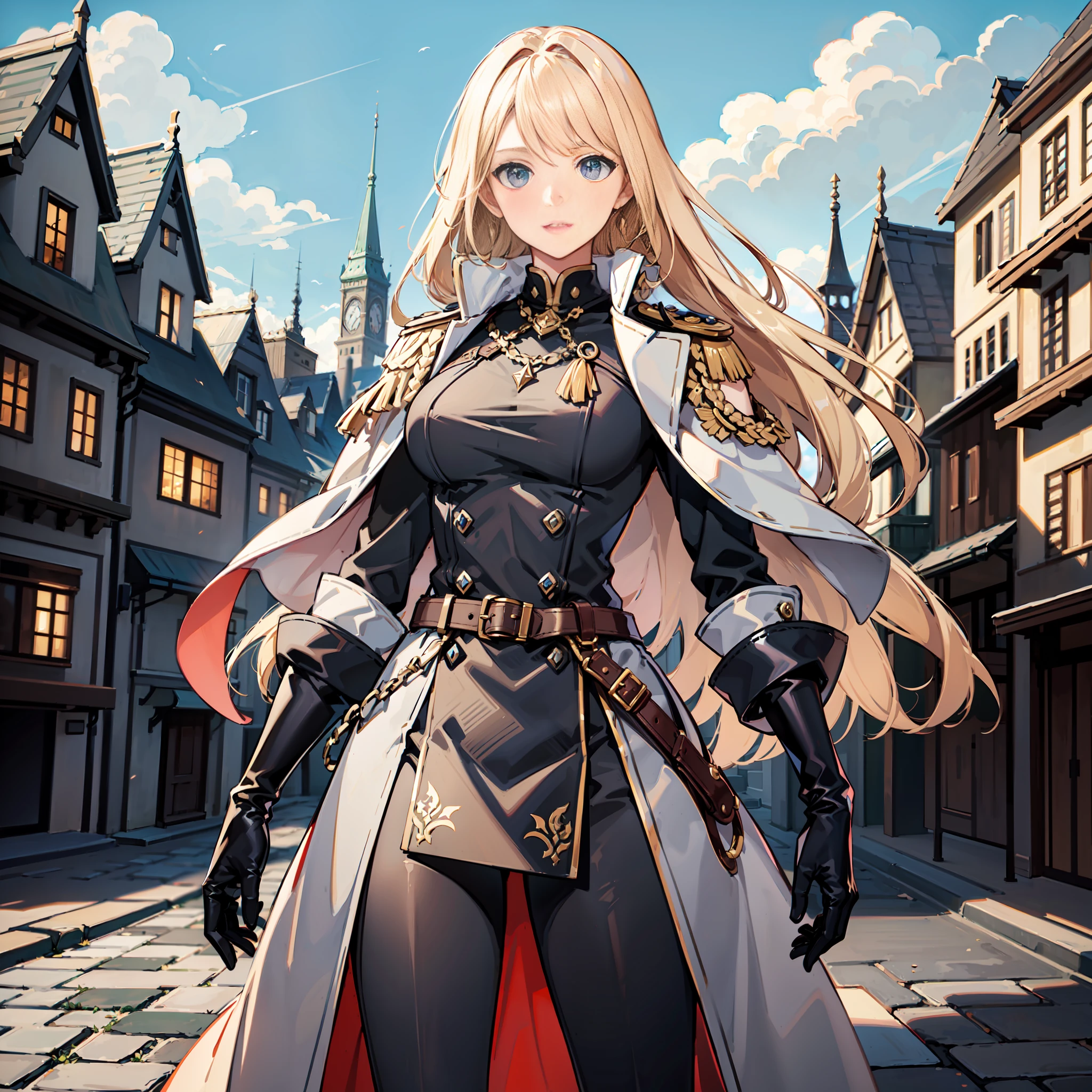 Portrait of a woman, Slavic appearance: blond hair; sharp facial features; straight nose; pronounced high cheekbones, divine appearance, stands upright, guards uniform: gray double-breasted overcoat; gray pants; Black leather belt with steel clasp, full height, maximum detail, masterpiece quality, black leather gloves, background: stone paved road with European houses of the first half of the 20th century, high quality shadows, high quality light.