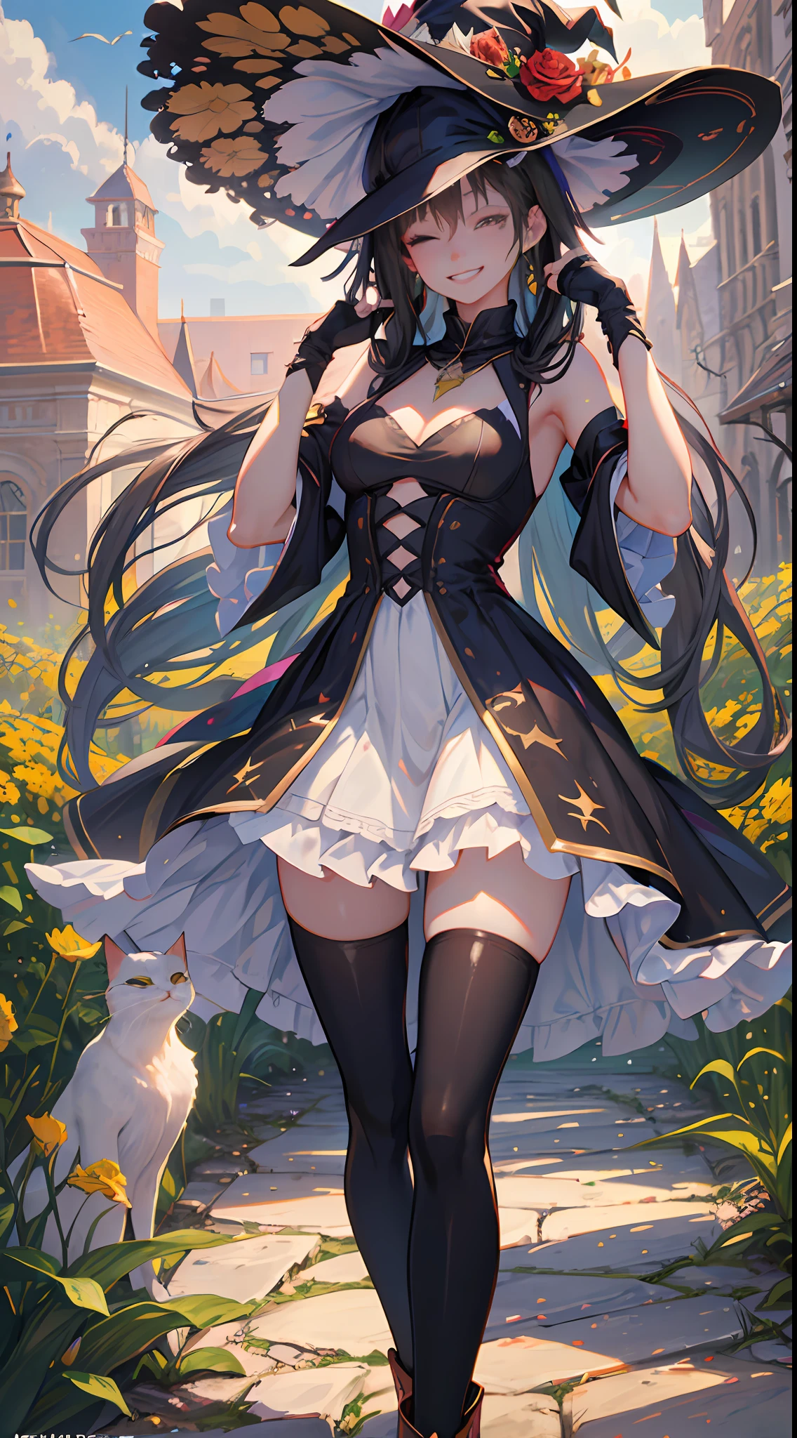 (RAW photo:1.2), (photorealistic:1.4),(masterpiece:1.3),(best quality:1.4),ultra high res ,HDR,8k resolution, solo focus, (bangs:1.1), skin tight, (shiny skin),(slender girl) , black clothes, black cat, full-length picture , beautiful castle, ((one eye closed)),
dreamlike,full body, black Pantyhose, (extreme detailed illustration),check commentary,commentary request,scenery,no text,VirtualGirl-Aim, small breasts, straight hair, very long hair , twintails, blonde hair, yellow eyes, skinny, golden jewelry , {{flowers}}, 1girl, upper body,crystal pendant,cute, innocent, white dress, sad smile,black gloves, outdoors, garden, red rose, {witch}, ((Witch hat)),(broom riding, ), grin,, masterpiece, best quality,