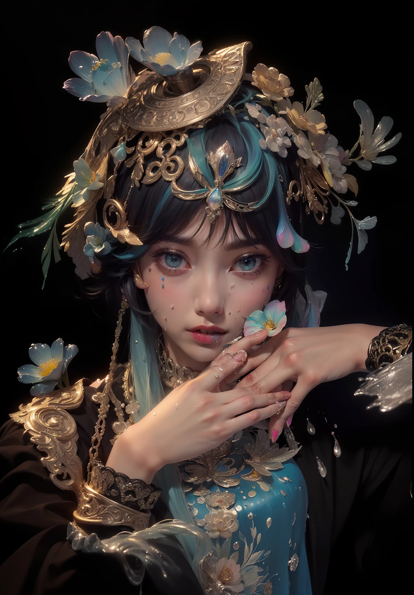 (Pink Fashion T-shirt:1.9),(Colorful hair: 1.8), (all the colours of the rainbow: 1.8),(((((vertical painting:1.6))), (painting:1.6),front, comics, illustrations, paintings, large eyes, crystal clear eyes,( rainbow color gradient high ponytail:1.7), exquisite makeup, closed mouth,(Small Fresh: 1.5),(Wipe Chest: 1.6) ,long eyelashes, white off shoulder T-shirt, White Shoulder Shirt,looking at the audience, large watery eyes, (rainbow colored hair:1.6), color splash, (solo:1.8), color splash, color explosion, thick paint style, messy lines, ((shining)),(colorful), (colorful), (colorful), colorful, Thick Paint Style, (Splash) (Color Splash), Vertical Painting, Upper Body, Paint Splash, Acrylic Pigment, Gradient, Paint, Highest Image Quality, Highest Quality, Masterpiece, Solo, Depth of Field, Face Paint, colorful clothes, (Elegant: 1.2), gorgeous,long hair, wind, (Elegant: 1.3), (Petals: 1.4),(((masterpiece))),(((best quality))),((ultra-detailed)),(illustration),(dynamic angle),((floating)),(paint),((disheveled hair)),(solo),(1girl) , (((detailed anima face))),((beautiful detailed face)),collar,bare shoulders,white hair, ((colorful hair)),((streaked hair)),beautiful detailed eyes,(Gradient color eyes),(((colorful eyes))),(((colorful background))),(((high saturation))),(((surrounded by colorful splashes))),