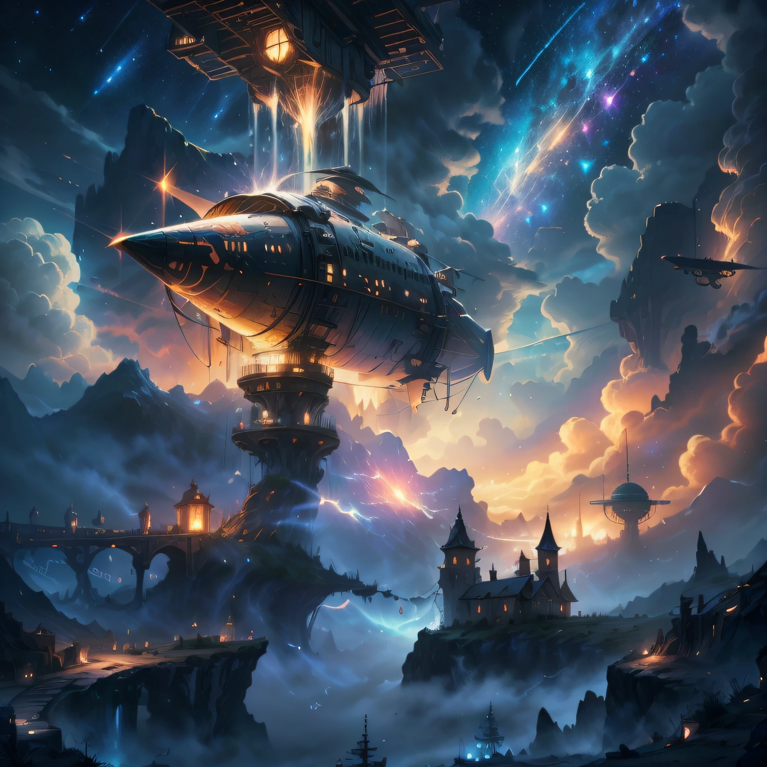 （shrink：1.1），（meteor shower：1.2），（comet：1.1）Low angle，Train on the sea，A planet in the background, 4k highly detailed digital art, 8k stunning artwork, epic dreamlike fantasy landscape, fractal thunder dan mumford, detailed fantasy digital art, 4k detailed digital art, 4K fantasy art, impressive fantasy landscape, epic fantasy digital art style, epic fantasy sci fi illustration，Night theme， Hyperrealistic， high detailed， from below， from below， Hyperrealistic， impressionism， --auto