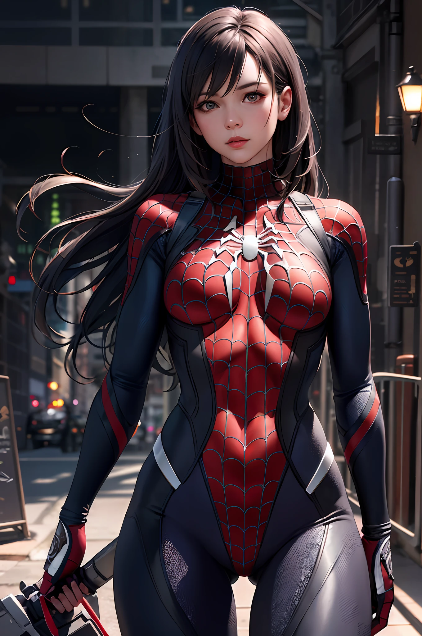 Realistic,Realistic,bestquality,game cg,1girl,master masterpiece,bestquality,8K,Detailed skin texture,Detailed cloth texture,Beautiful detail face,Intricate details,Ultra-detailed,Yang beyond,Black Spider-Man uniform,Straight black hair,(half-body:1.2)