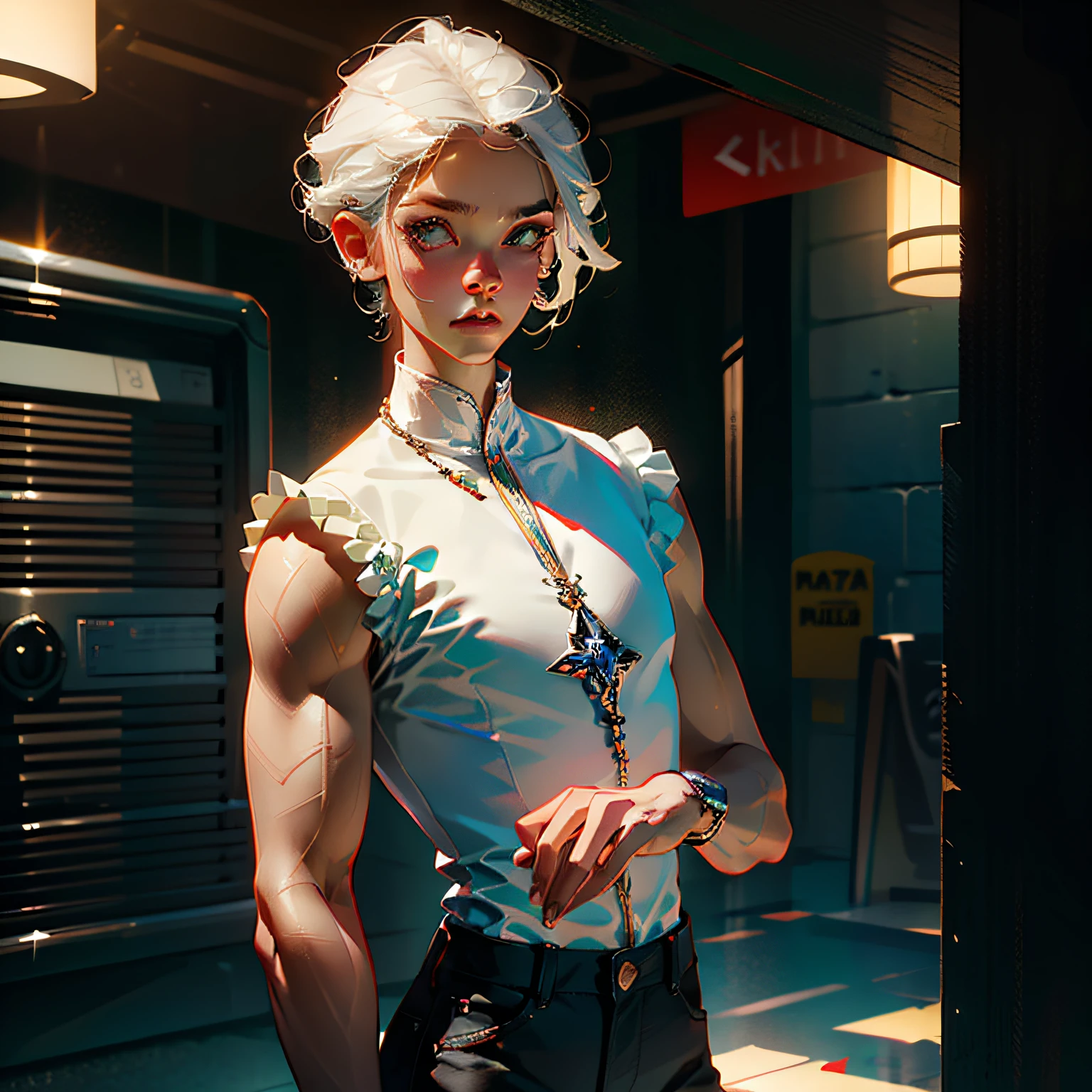 (A man),man,Shirtless,Robust muscles,Short silver hair,(tattoo),serious expression,Stand on the street road,evening,Take a screenshot from the waist up,Framing with your back to the frame,Side face,Top CG,Highest quality,The proportions are correct,The composition is perfect,High quality details,(Eye detail optimization),Handsome eyes,(Delicate face),Perfect details,(best lighting),(Super intricate details),(Ultra-detailed CG: 1.2), (8K: 1.2),realistic,Octane rendering --auto