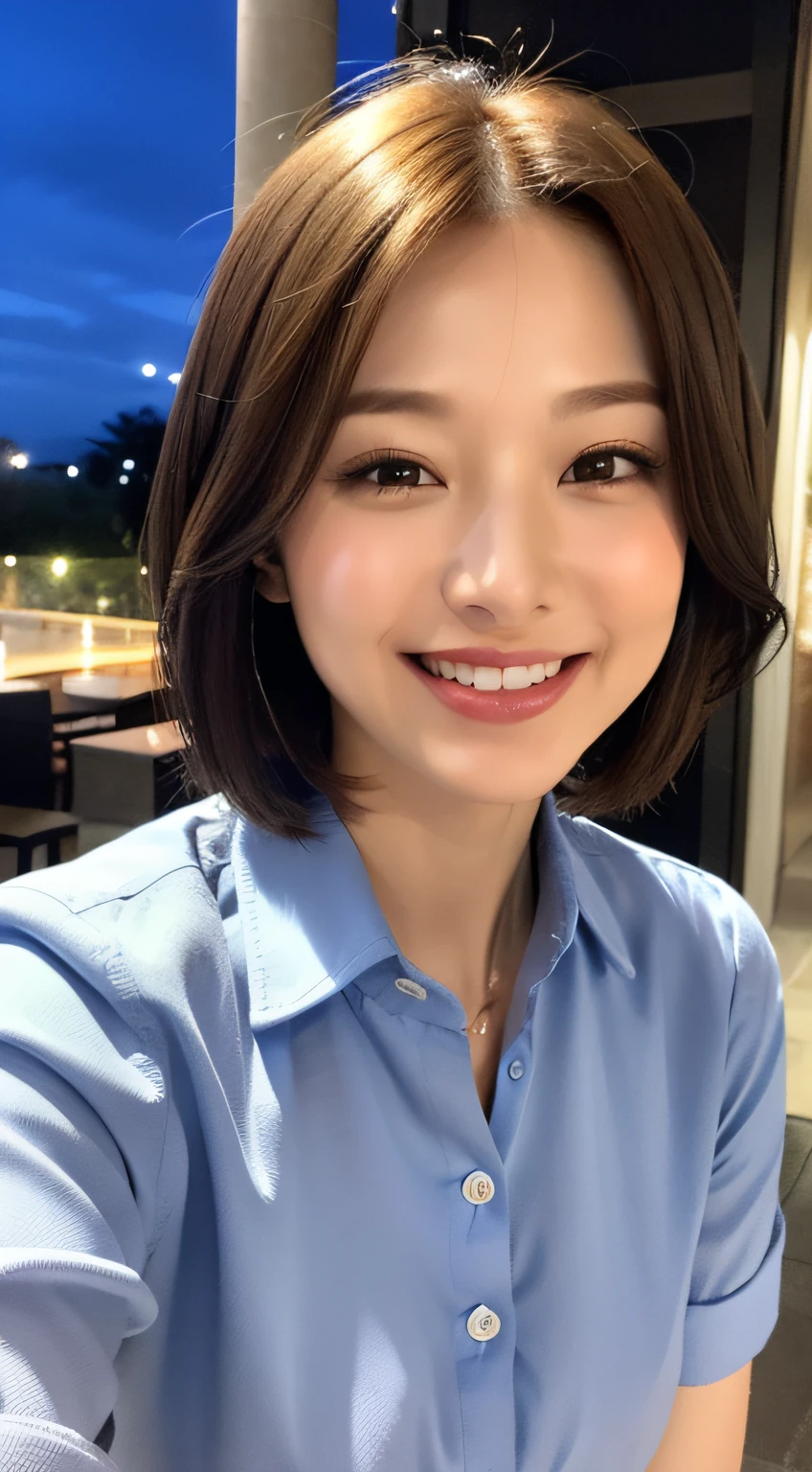 (8k、bestquality、master masterpiece:1.2)、(real、photo-realistic:1.37)、Super detailed、1 girl、pitiable、One person、Beautiful detailed sky、Detailed Cafe、night、Sitting、date、(Nasal blush)、 (smiling face:1.15),(close mouth)、(Big tits:1.3)、,Beautiful fineness,(Collared shirt:1.1),night,Wet,Business Wear,rainy,White lace,(short hair:1.2)