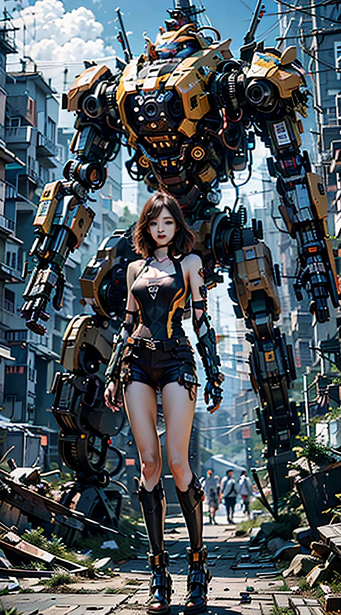 ((masterpiece, best quality)),illustration,ultra detailed 8k,photorealistic,sharp focus,highly detailed,professional lighting,colorful details,iridescent colors BREAK extreme long shot of a factory,large mechanical robot construction,microchip,computer,glowing,intricate details,shitu-mecha,1 cyberpunk girl standing