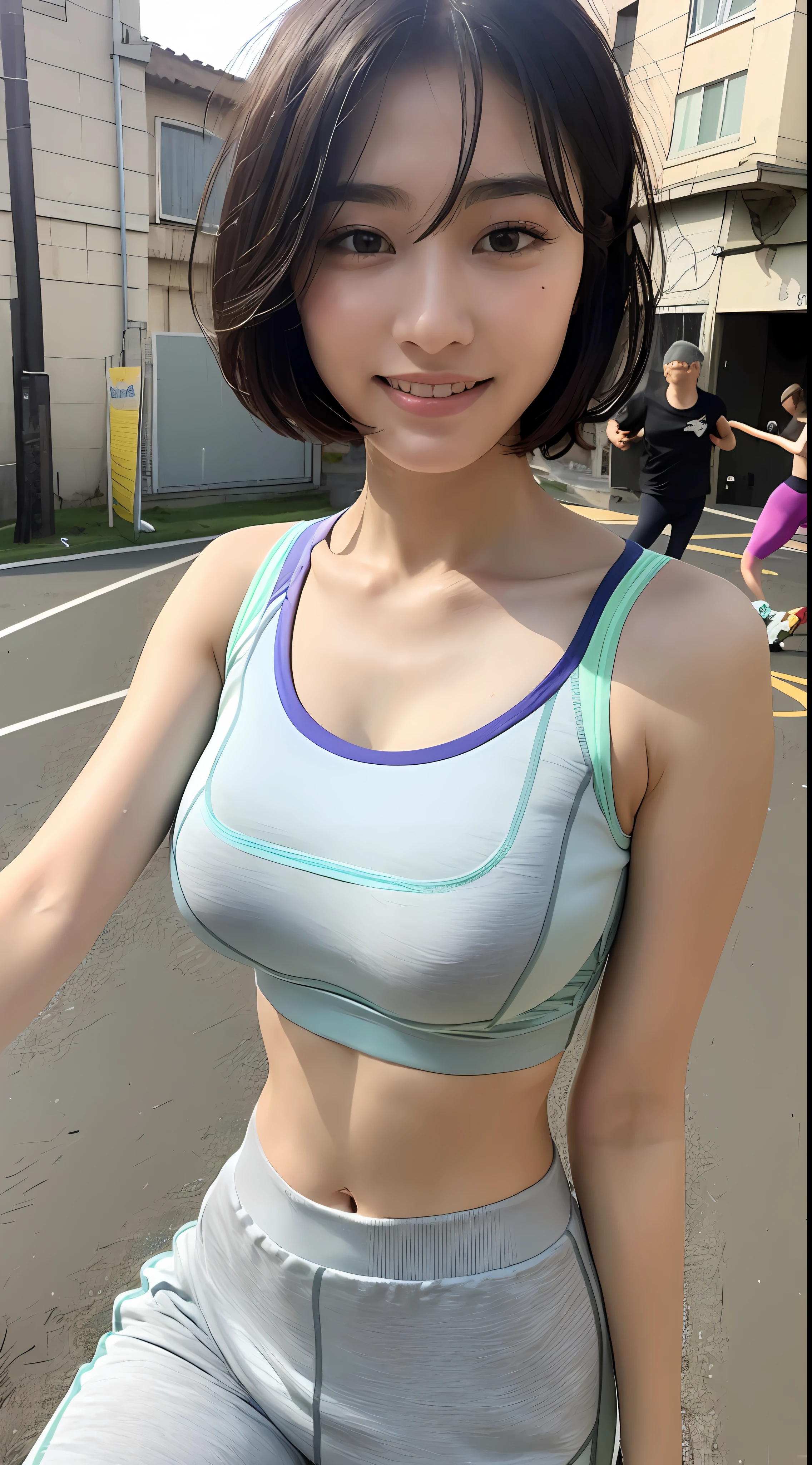 ((The highest quality、45k、Masterpieces:1.3))、Sharp focus:1.2、Beautiful woman with perfect body shape:1.4、Slender abs:1.2、(Layered Haircut、Big tits:1.8)、(sports bra:2.0)、(jogging:1.8)、(street:1.2)、Highly detailed face and skin texture、detailed eyes、double eyelidwork、smile、Bokeh、Climbing the stairs、Dripping sweat、sweat