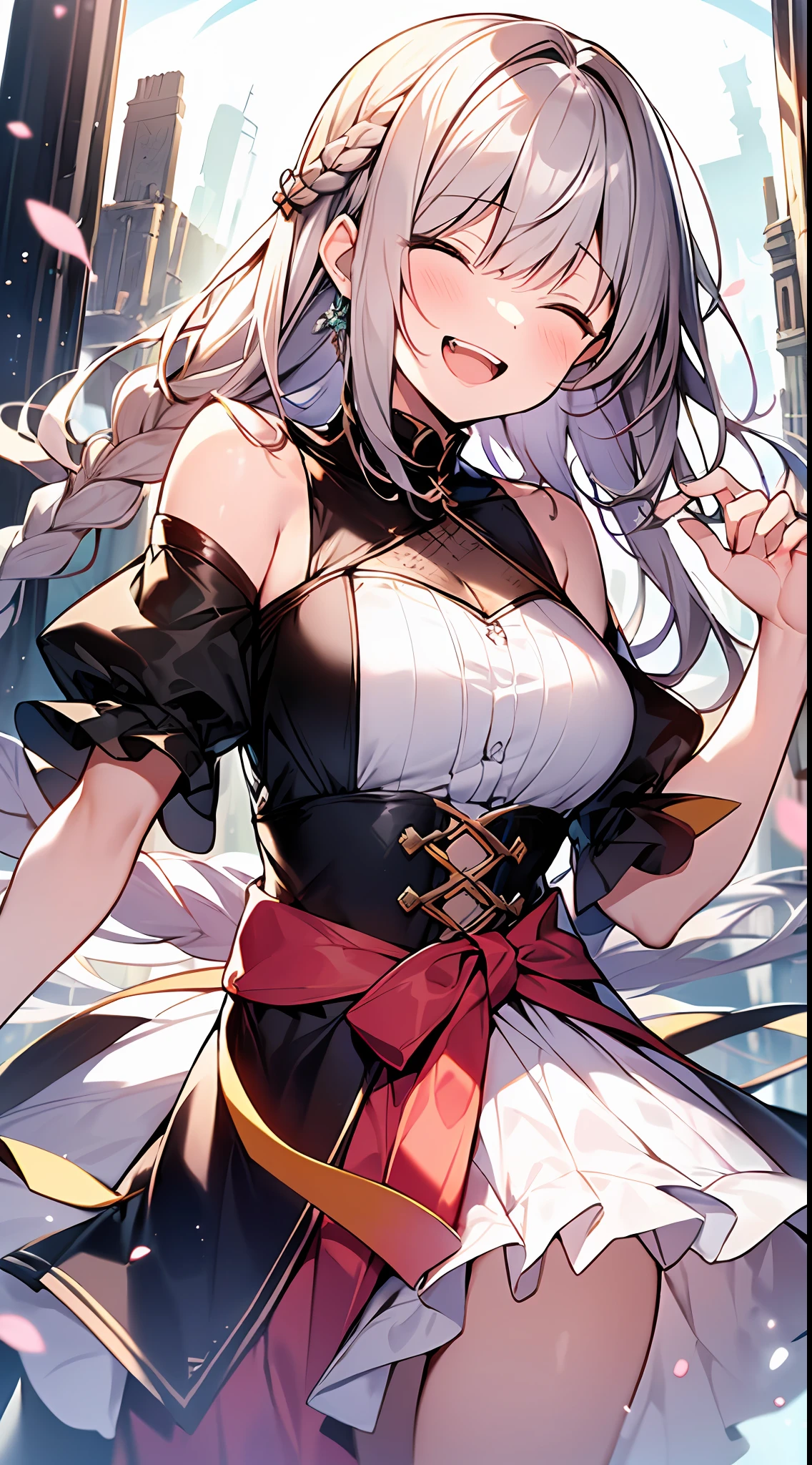 (incredibly absurdres absolutely resolution: 1.5), highest quality, masterpiece, ultra high resolution, 8k, (multiple girls), (gorgeous dresses with many gorgeous and colorful decorations) BREAK shoujo manga style, (loli), soft line drawing, digital enhancement, shojo manga touch, environmental change scenes, shojo manga core, ( Hair length to the shoulders))), (((short braid))), laughing with open mouth, closing eyes, ancient city of the West, angle from which the whole body is visible, entangle, beautiful and aesthetic: 1.5, High quality: 1.3