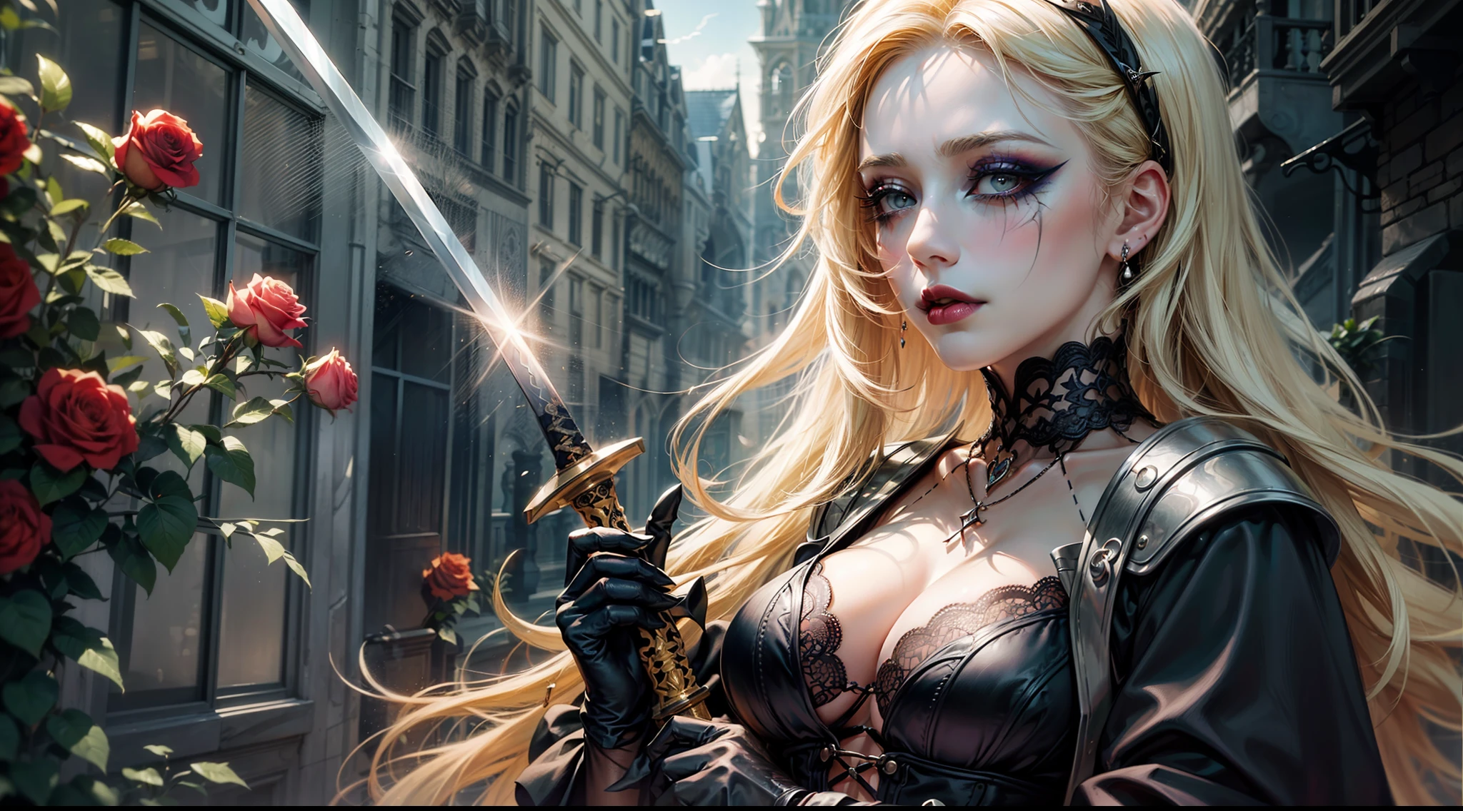 A beautiful (mature_woman:1.8) with long blonde hair in a Gothic dress, (holding a sword:1.5), (gothic makeup:1.5), morning fog and roses garden, Gothic victorian, Gothic architecture, romantic, regal and mysterious, beautiful lights and colors, sun rays, upper body closeup