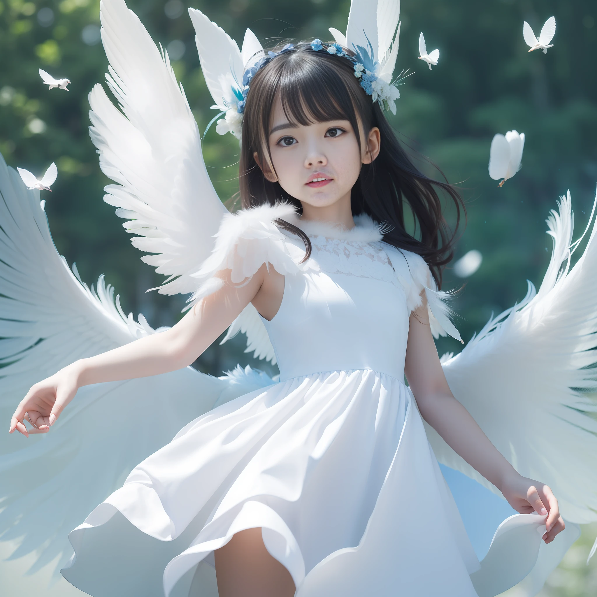 petite girl,delighted,small face,full body,dark eyes,((floating in the air)),glowing,((blue sky)),((white dress)),(feathers fluttering))),((big white wings)),((innocent)),((neat)),black hair
