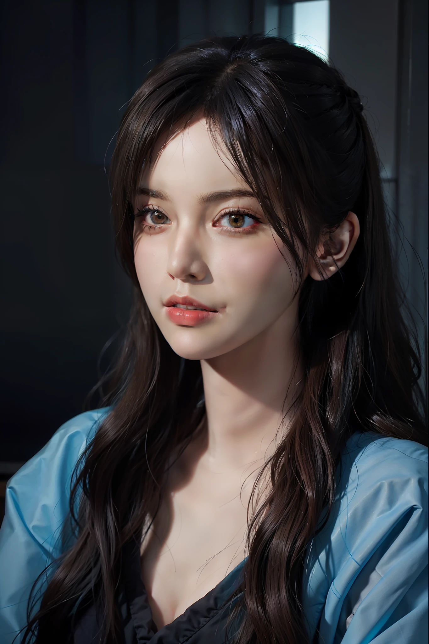 Hyperrealist portrait of female by david hockney and alphonse mucha,fantasy art, photo realistic, dynamic lighting, artstation, poster, volumetric lighting, very detailed faces, 4 k, award winning,, 1girl, in the dark, deep shadow, low key,cowboy shot,(official clothing:1.4) ,long hair,white hair,
