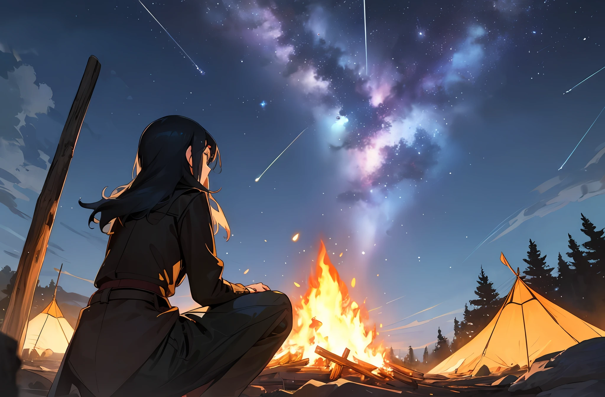 Woman observes（Orionids meteor showers），
Orionids meteor showers，Beautiful，
Woman， solo， bivouac， bonfire， Watch the Orionid meteor shower，
from back，from below，
outdoor，right