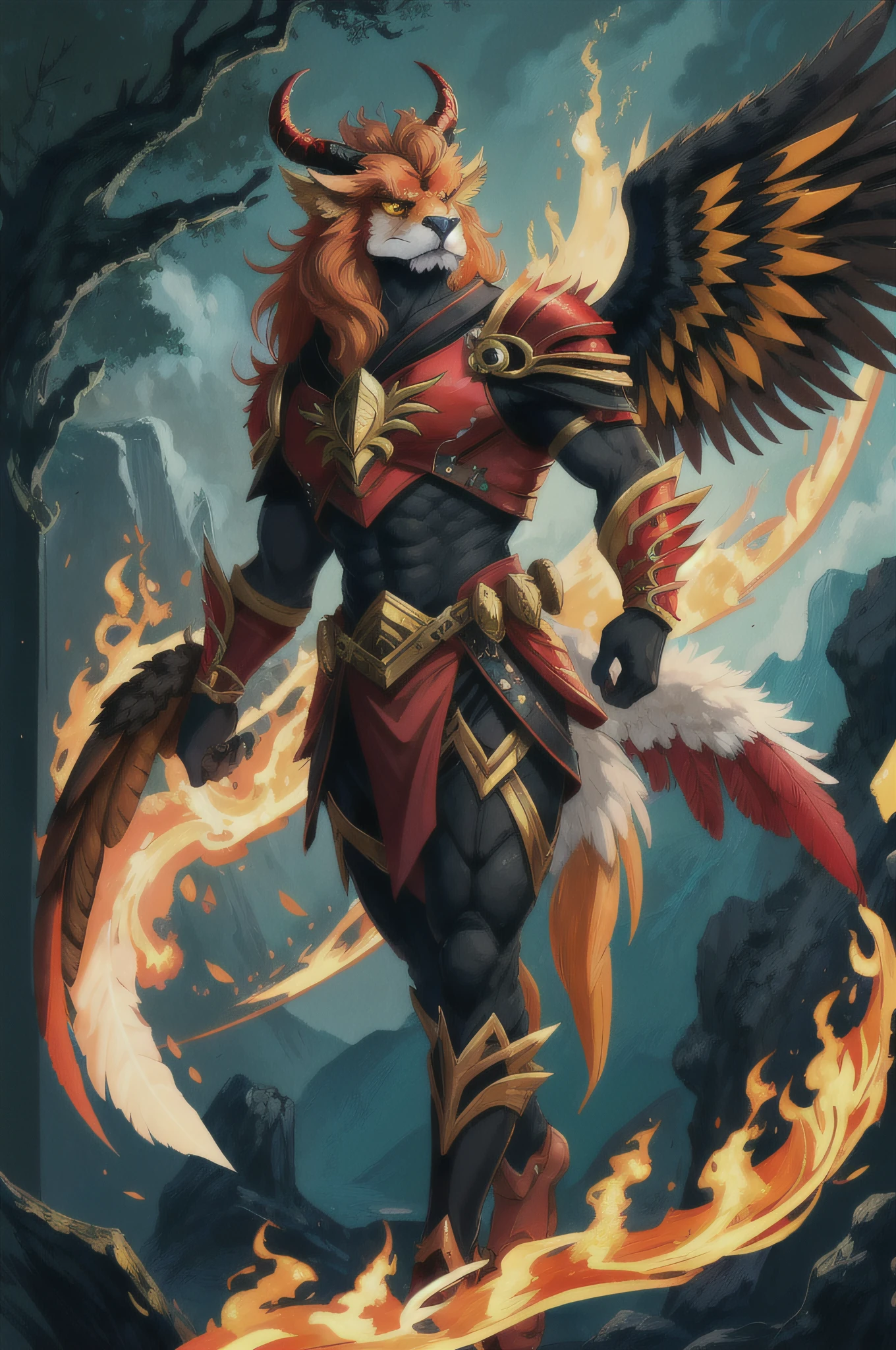 Gryphon, fiery and fierce, orange-yellow mane of fire, black and green horns, red feathers, red and white wings and tail, golden talons, fantasy, masterpiece, best quality
