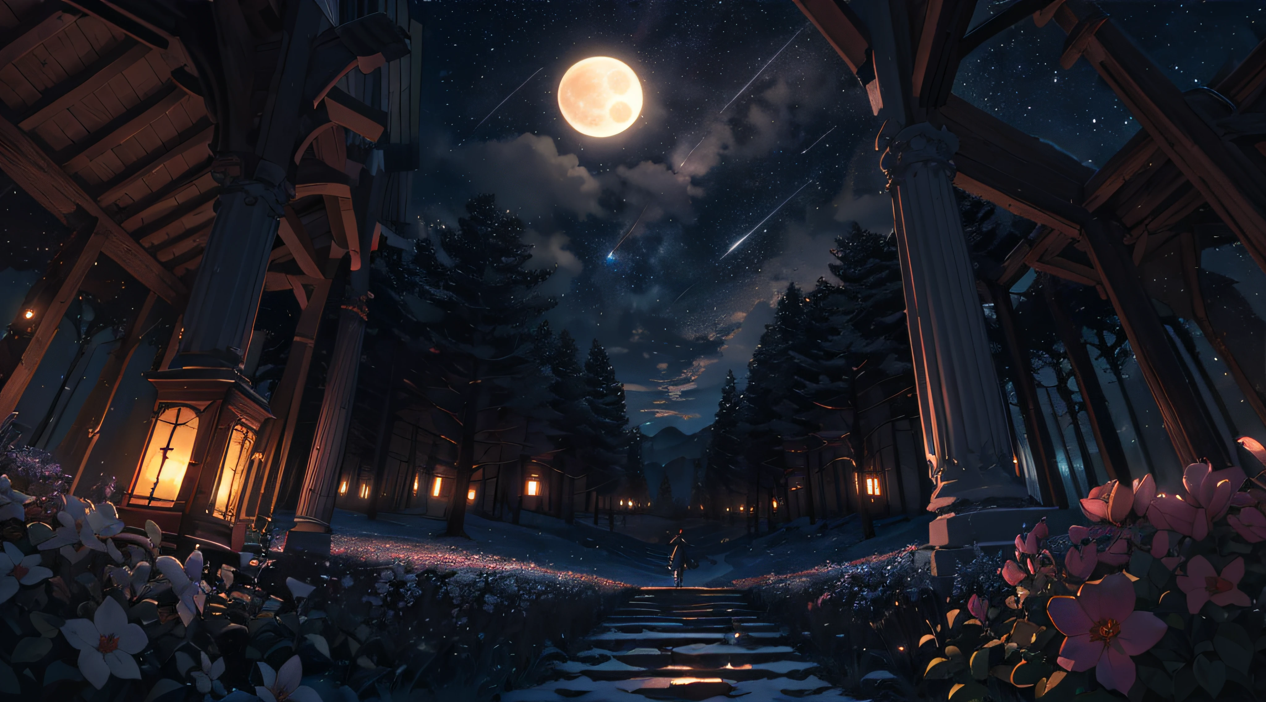 Photos of vast landscapes, (seen from below, sky and forest below), little girl standing in a flower field looking up, (Full Moon: 1.2), (Meteor: 0.9), (Nebula: 1.3), Distant Mountains, Tree Breaking Making Art, (Warm Light Source: 1.2), (Firefly: 1.2), Lights, Cyan and Orange, Intricate Details, Volumetric Lighting, Realism Rest (Masterpiece: 1.2) (Best Quality), 4K, Ultra Delicate, (Dynamic configuration: 1.4), High detail and colorful details, (Iridescent colors: 1.2), (Glow lighting, atmospheric lighting), Dreamy, magical, (Solo: 1.2)