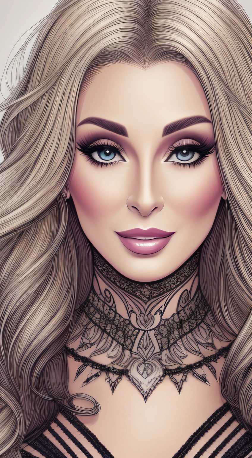 1woman, very Cher, blonde hair, beautiful skin, confident, passion, portrait, front look, 4k, high-res, best quality, illustration, black/white image