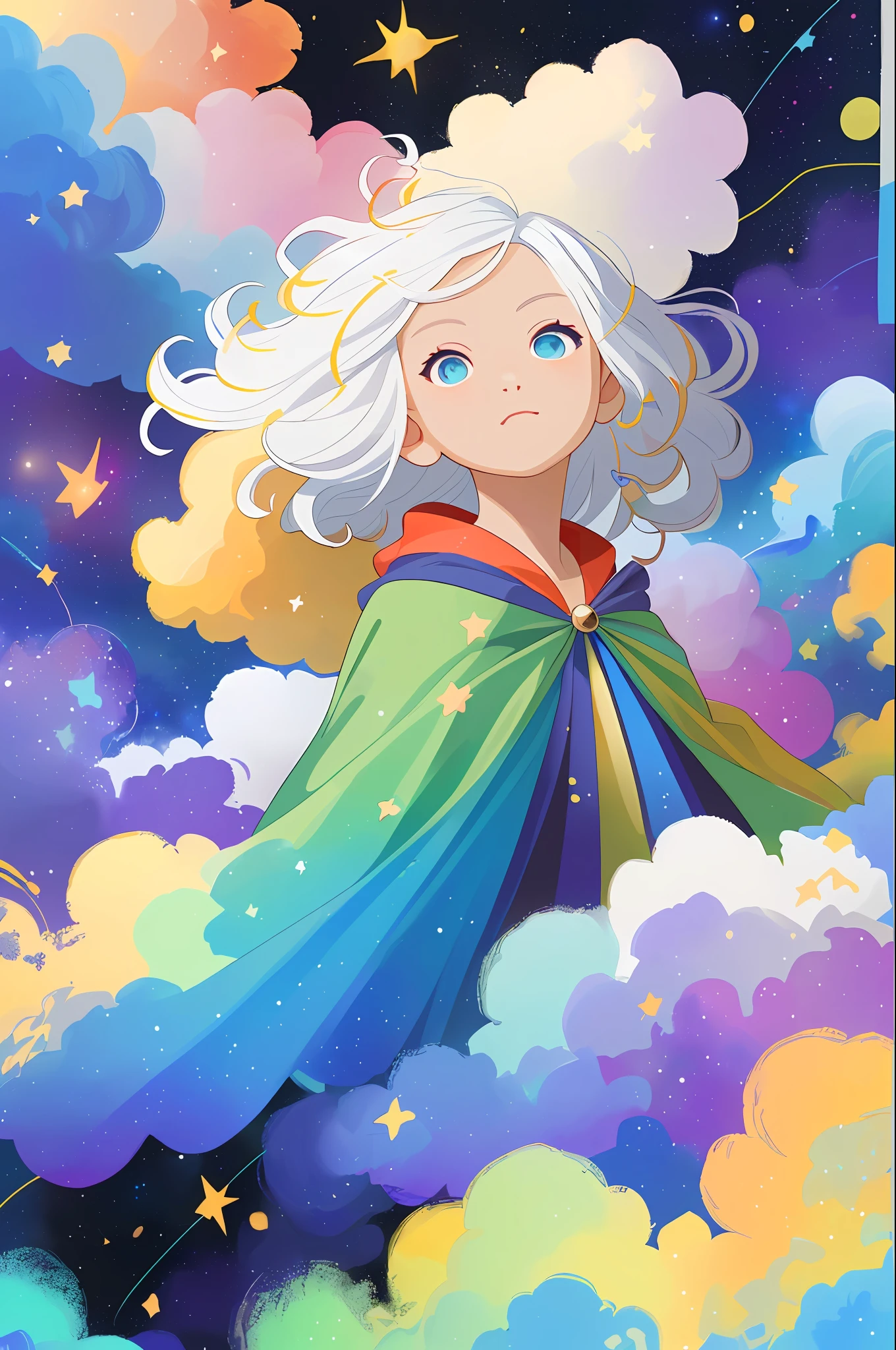 ((masterpiece)), (((best quality))), ((ultra-detailed)), ((illustration)),[realism light effect],shadow,(Fantasy style),(white background:1.6), simple background, (earth theme),(a cloak)[(hair focus,((1girl)),[(big slime hair): (cloud hair):0.3], (hair on background),(high saturation),(hair surrounded by galaxy splashes),)):((her hair is becoming galaxy clouds,:1.27628), (hair and clothes is galaxy clouds and cluster of stars:1.1025),(a cloak is becoming galaxy clouds)(colorful_galaxy_print_clusters_of_stars_print:1.35),((detailed starry sky with colorful galaxy and galaxy clouds):1.2)):0.35], (((masterpiece))),(((best quality))),((ultra-detailed)),(illustration),(dynamic angle),((floating)),(paint),((disheveled hair)),((beautiful detailed face)),collar,bare shoulders, ((colorful hair)),((streaked hair)),beautiful detailed eyes,(Gradient color eyes),(((colorful eyes))),(((colorful background))),(((high saturation))),(((surrounded by colorful splashes))),(((surrounded by colorful dot))),colorful bubble,((shining)),