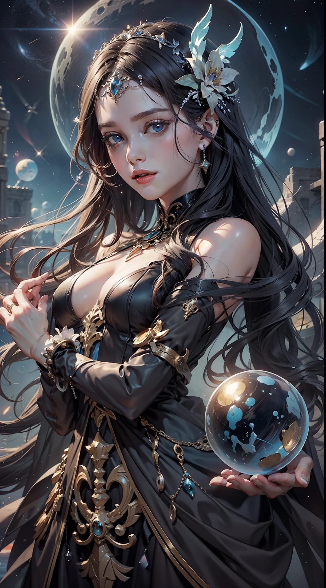 (very detailed wallpaper 8k), middle plan, (Drug style), (acid very bright colors), girl goddess of the abyss. The goddess is as beautiful as the night sky. Airy obsidian hair is scattered in depth. Splashes of stars shine on the face with the destruction of facial features and skeleton. The planets surround the head of the skeleton with a halo. He wears a majestic obsidian dress. In her hands, she holds a magic sphere. Detailed art, cartoon, old school, watercolor, top art station, fantasy, intricate, elegant, highly detailed, digital painting, art station, concept art, matte, clear focus, illustration. Very higаh resolution, masterpiece intricate, high detail, dramatic