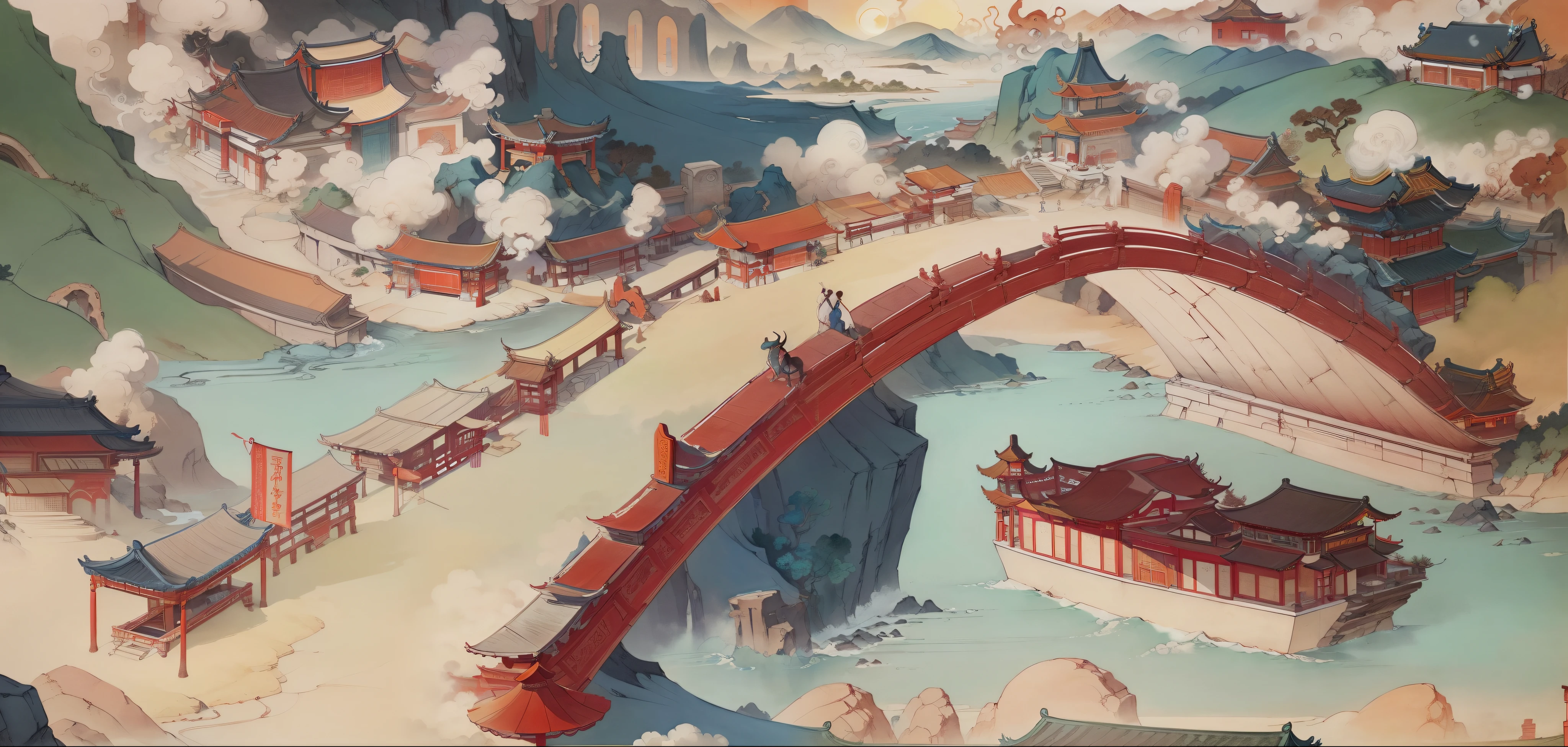 Ancient Chinese landscapes, ancient buildings, pavilions, carved beams and painted buildings, beautiful mountains and rivers, inspired by Jin Yong martial arts, sunlight, ink painting style, clean colors, decisive cutting, blank space, freehand, masterpiece, super detailed, epic composition, high quality , highest quality, pixar style, oversaturated, surreal, artgerm --v 6