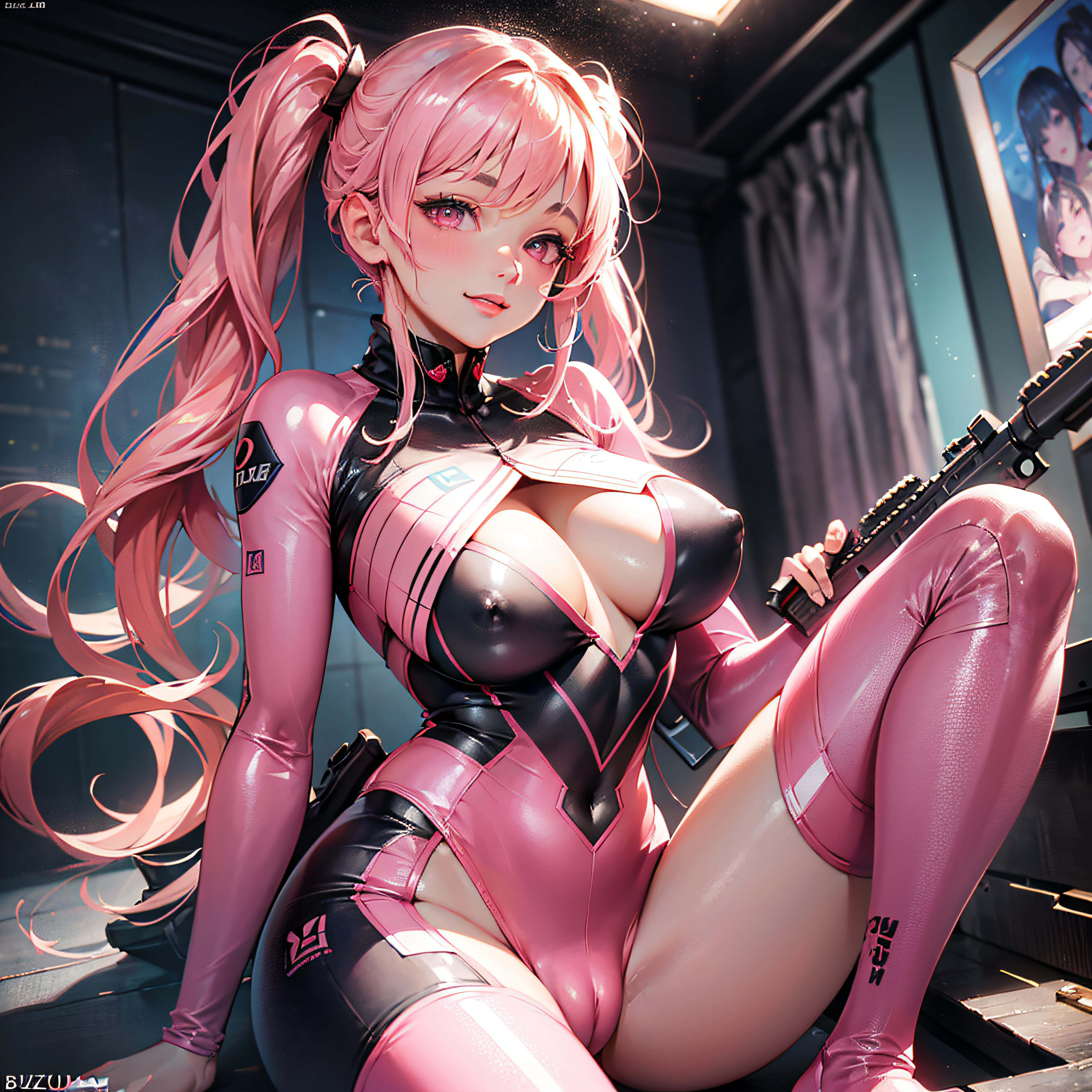 ulzzang-6500-v1.1,(raw photo:1.2),((photorealistic:1.4)),best quality ,masterpiece, illustration, an extremely delicate and beautiful, extremely detailed ,CG ,unity ,8k wallpaper, Amazing, finely detail, official art,extremely detailed CG unity 8k wallpaper,absurdres, incredibly absurdres, huge filesize, ultra-detailed, highres, beautiful detailed girl, extremely detailed eyes and face, beautiful detailed eyes,light on face,cinematic lighting,((extremely pink tight suit clothing)),1girl,full body,full-body shot,looking at viewer,((light pink hair)), red eyes,((bliss)), best detailed background, ((cosplay)), (smile), twintails, ((hold a rifle)),(((covered nipple))),(((cameltoe))),