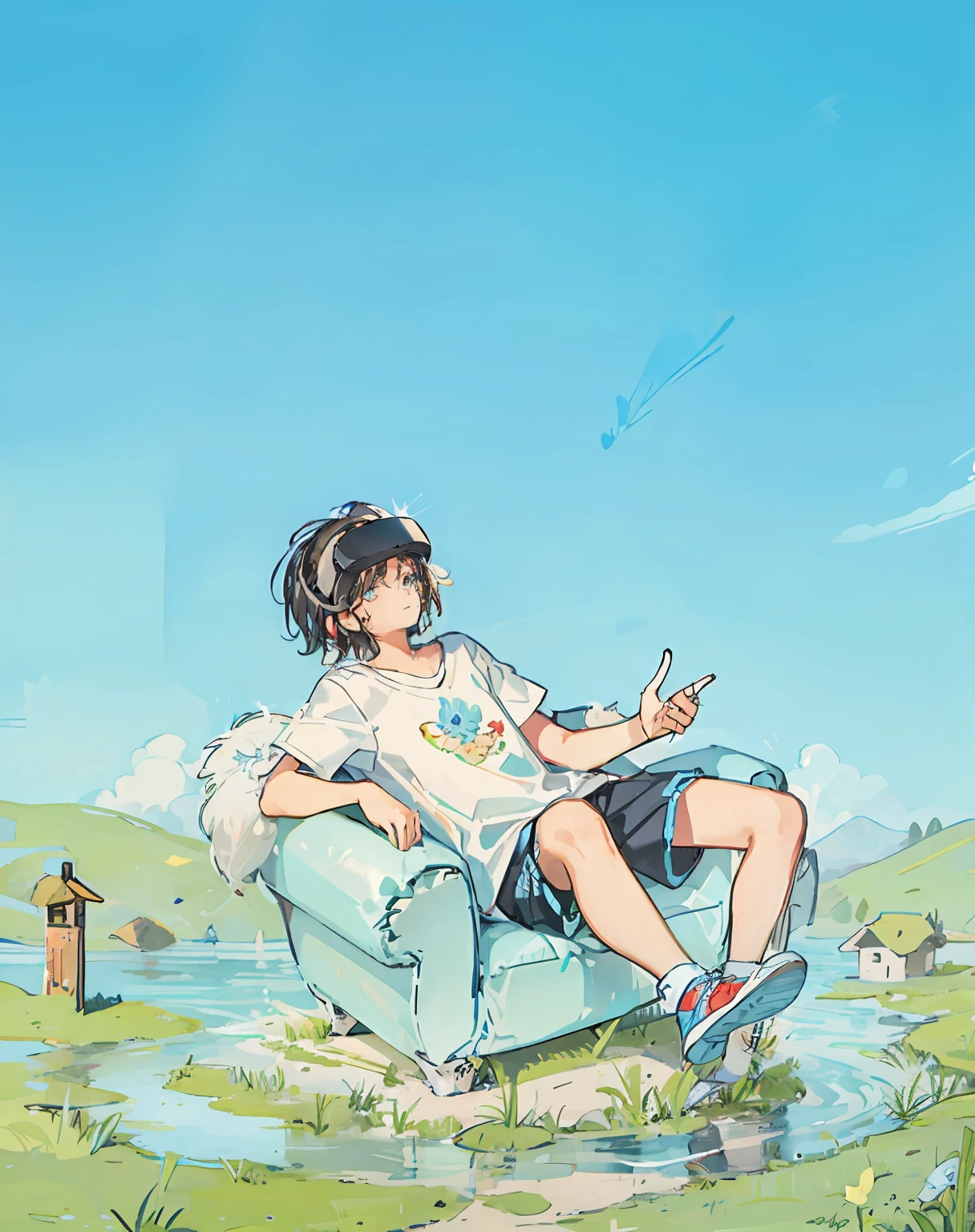 A boy wearing VR sits on a couch and points to the front