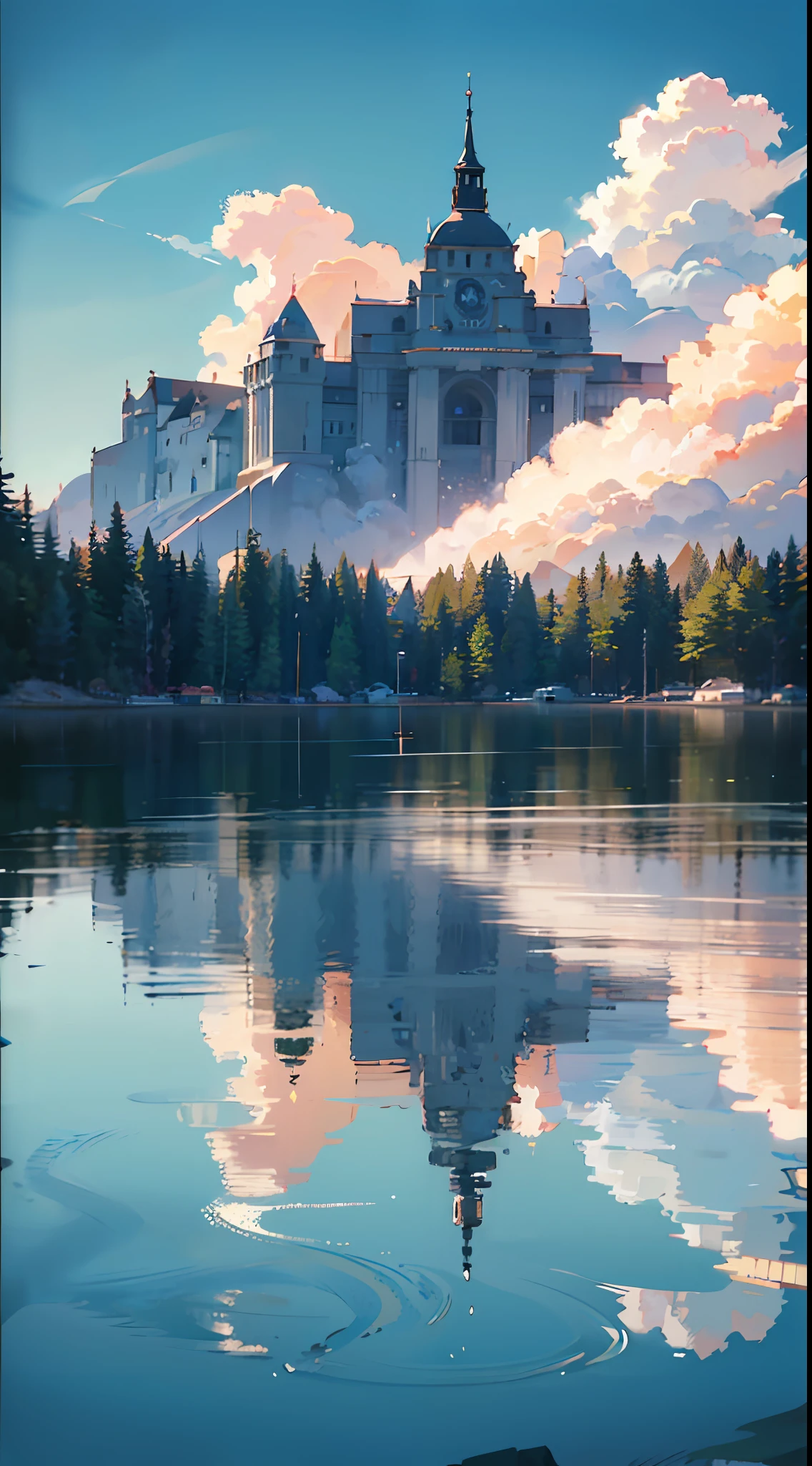 no humans, scenery, vanishing point, from below, masterpiece, best quality, 8k, absurdres, water surface, summer, noon, sunlight, blue sky, perspective, depth of field, highres, finely detail, ultra-detailed, sharp focus