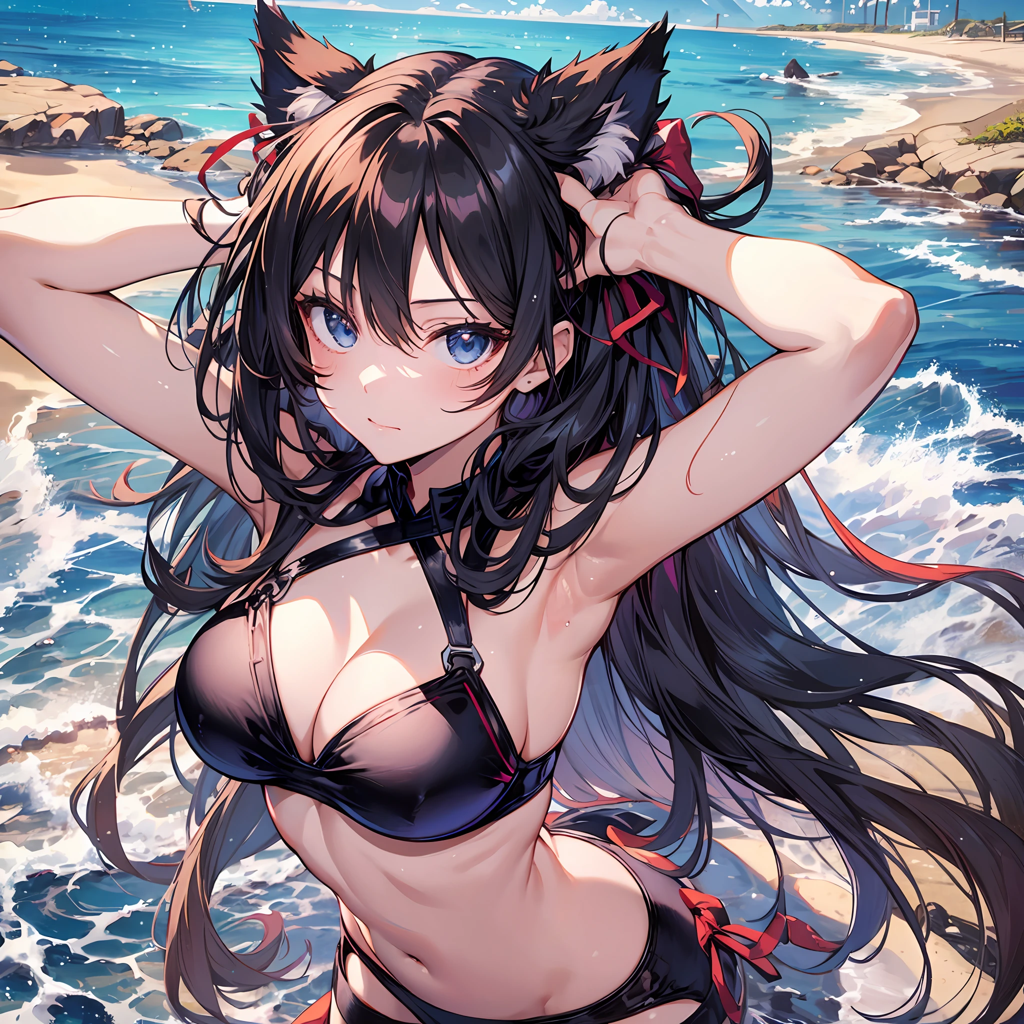 best quality、8K))One woman　Anime girl with long black hair and cat ears、Rin Tohsaka、anime moe artstyle、Fate/Anime style like Stay Night、Anime girls with long hair、Very cute anime girl face、Night Core、From the front line of girls、Portrait of a cute anime girl、Anime girl with cat ears、High-quality anime art style、 Beautiful anime women　　sexy　Miwaki　Beautiful abs　swimwear　sea　summer