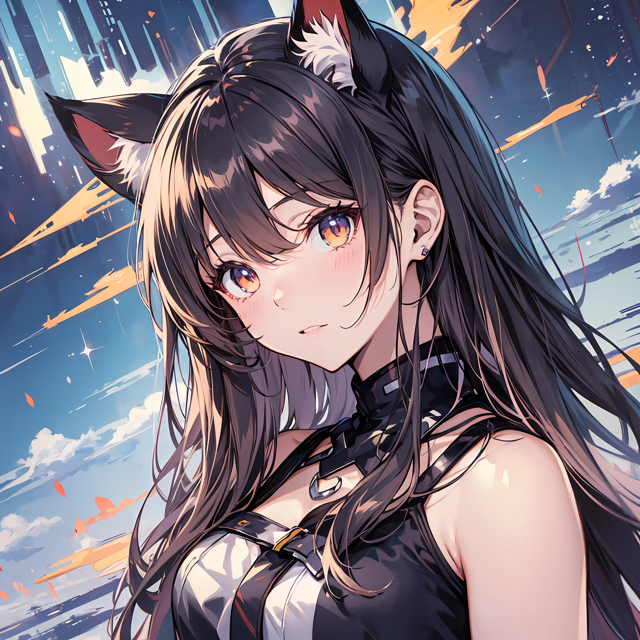 The highest quality、8K))One woman　Anime girl with long black hair and cat ears、Rin Tohsaka、anime moe artstyle、Fate/Anime style like Stay Night、Anime girls with long hair、Very cute anime girl face、Night Core、From the front line of girls、Portrait of a cute anime girl、Anime girl with cat ears、High-quality anime art style、 Beautiful anime women　　Sexy　Miwaki　Beautiful abs　swimwear　sea　summer