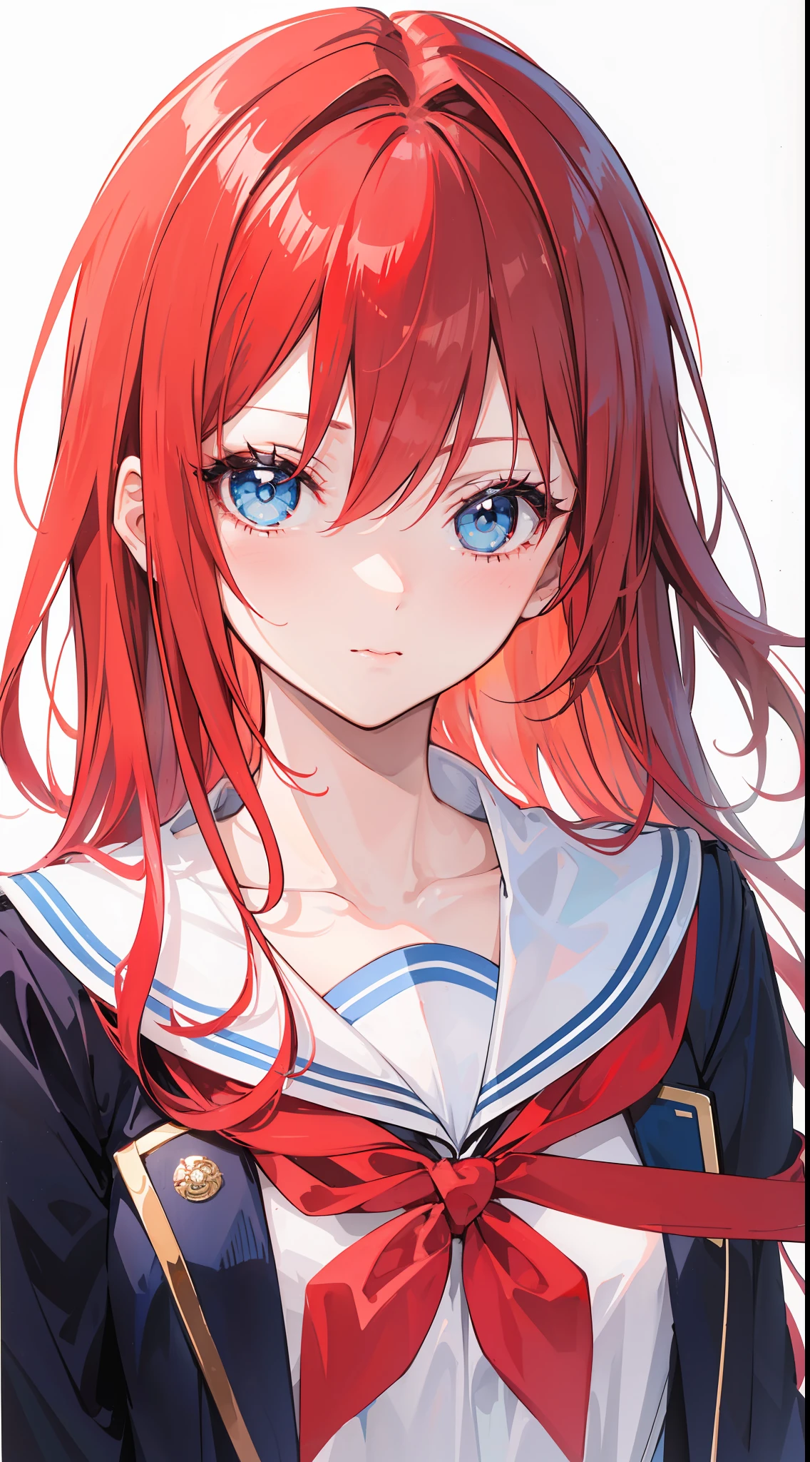 A girl was at a crossroads, wearing a school uniform, vibrant red hair and blue eyes captivation, Long hair, and a charming face
