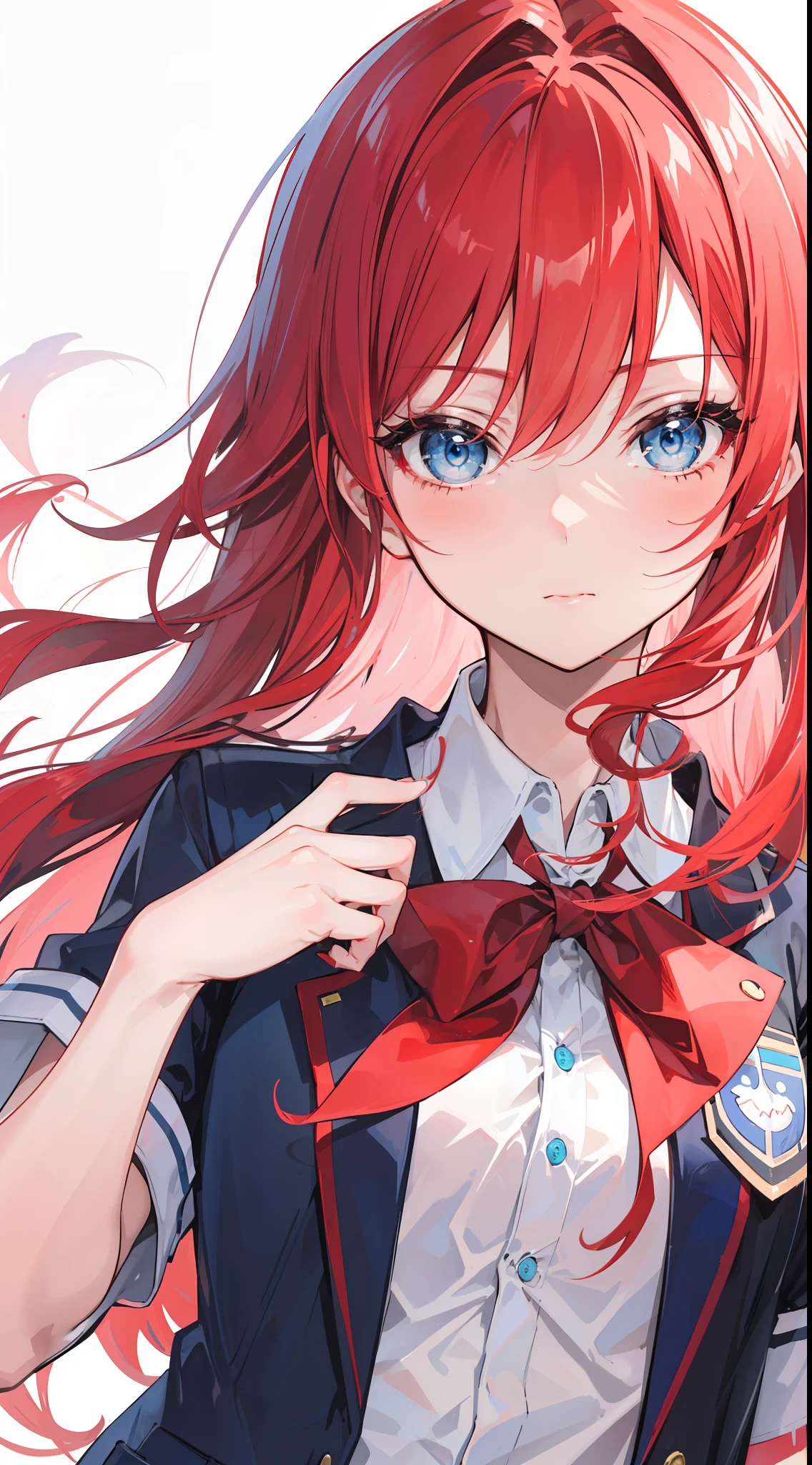 A girl was at a crossroads, wearing a school uniform, vibrant red hair and blue eyes captivation, Long hair, and a charming face