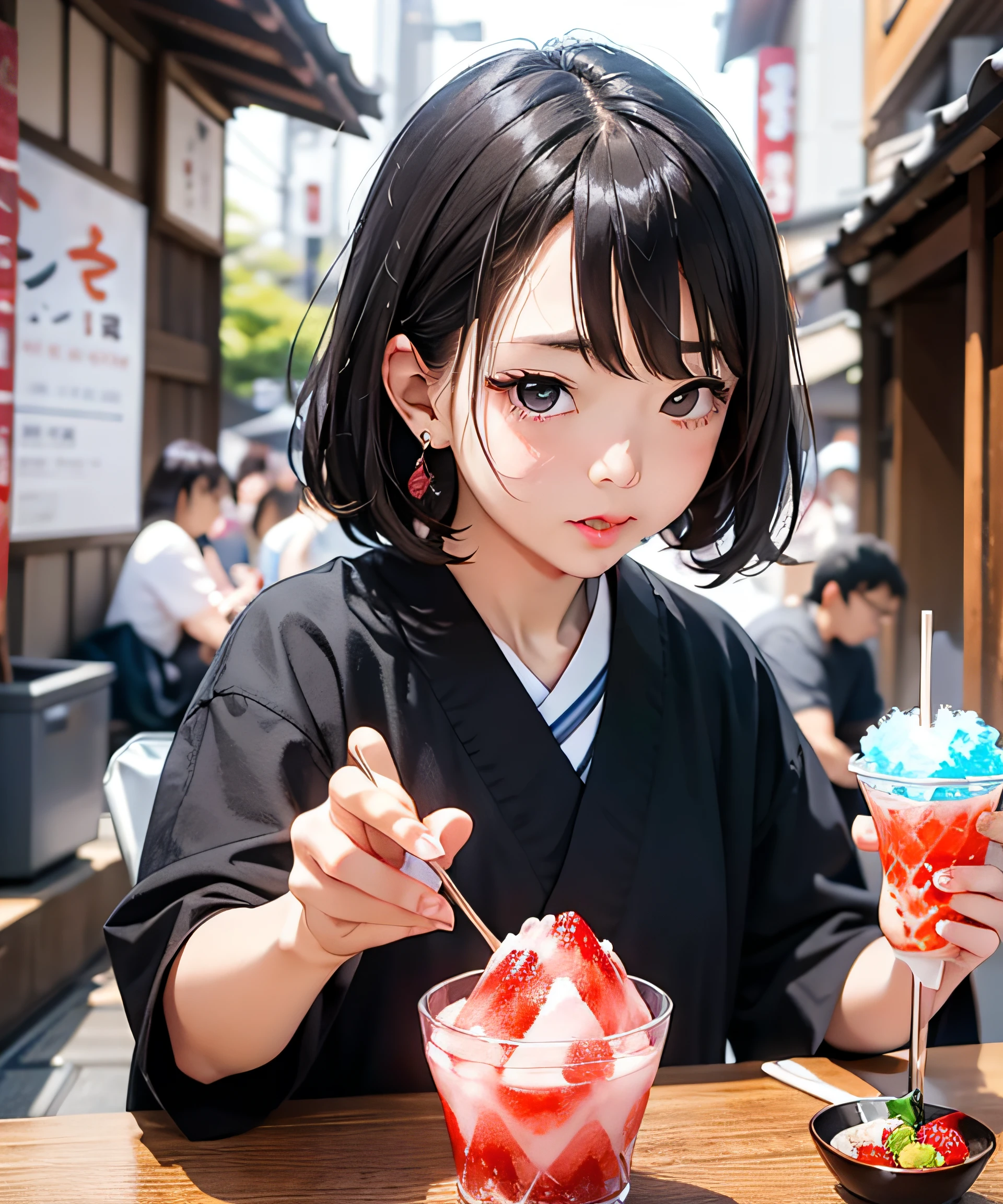 master masterpiece、real、bestquality、photo-realistic、Beautiful girl in Japan eating red shaved ice with strawberry syrup、Furrowing an eyebrow and putting a hand on a temple