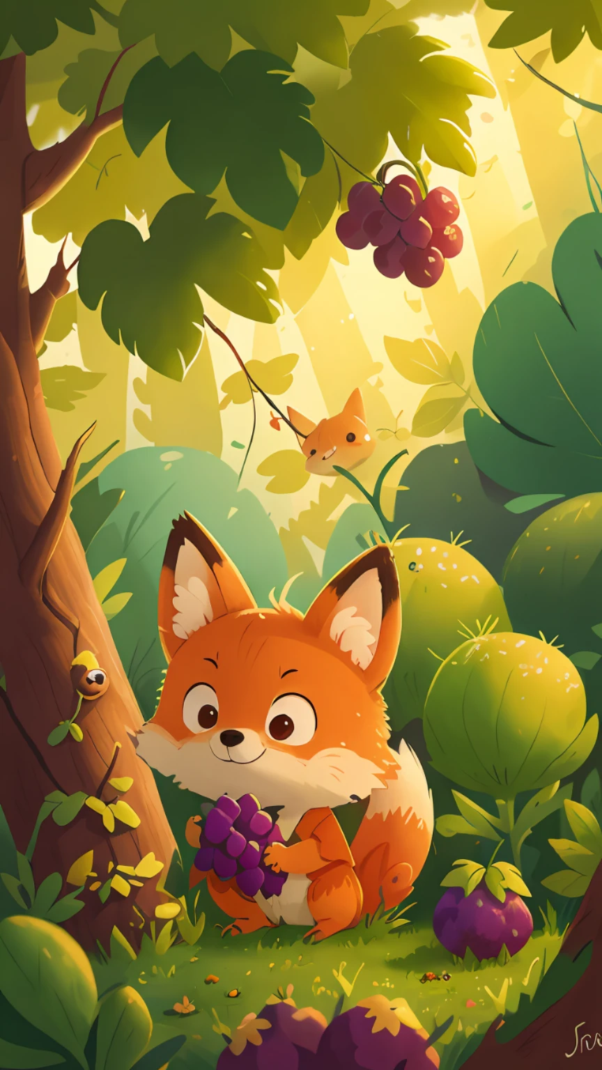 A  fox looks at the grapes on the tree