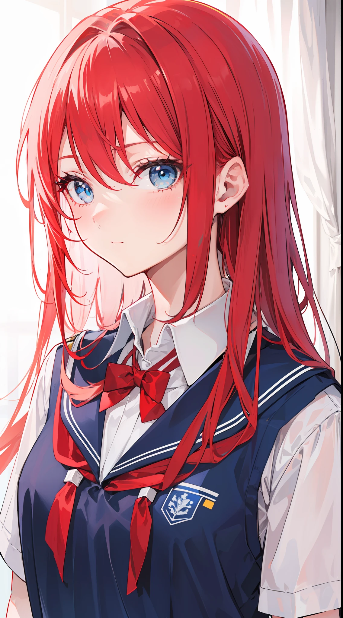 A girl was at a crossroads, wearing a school uniform, vibrant red hair and blue eyes captivation, Long hair, and a charming face