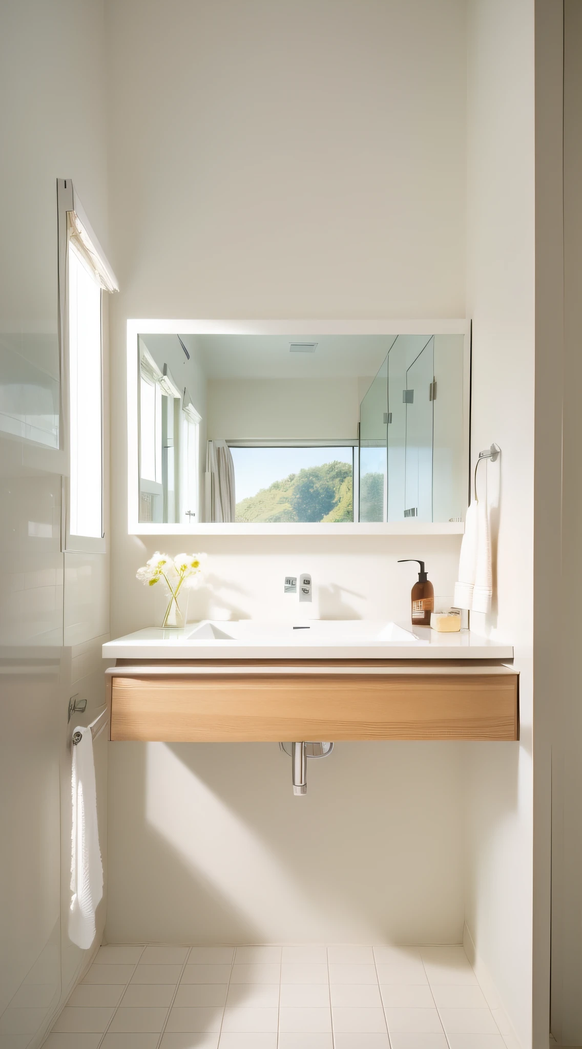 Cream style bathroom scene,Cream white solid color background,toilet,Wash countertop,Modern décor,Simple ground,Vista view,Minimalist background,Bright natural light,Bright and intense,The picture is bright,Medium view