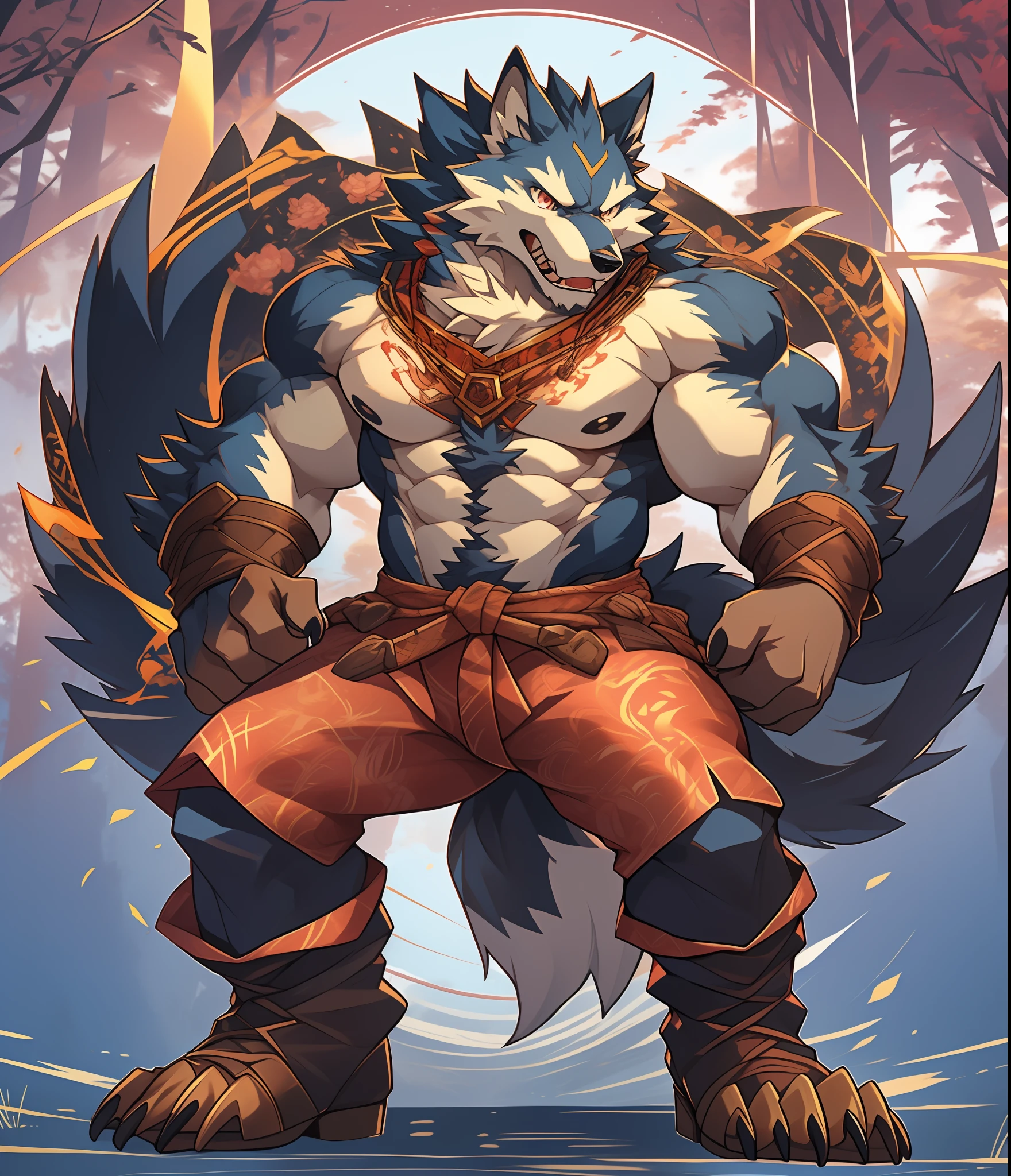 Furry muscular werewolf male wearing only pants, furry art, muscular werewolf, High Resolution Committee, Full body committee, delicate eyes, pupil color is orange-gold, furry color black, furry anime, Fursona furry art committee, Furry Flsona, Gorgeous werewolf Flsona, Hairy chest, crossed waist with one hand, brown boots on his feet, showing his toes and showing his heels, Furry art, Expression fierce, tsundere, 1boy, a long furry wolf tail with fangs in the mouth, Gaze at the screen, sharp claws, two legs, standing on both feet, human wolf, as a character in Iron Fist, Flsona art, background, forest path