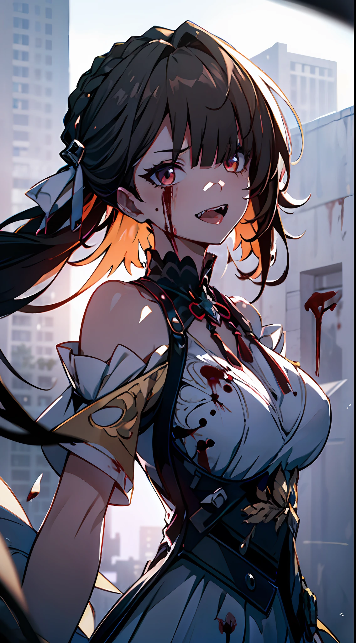 (Masterpiece: 1.2), Best Quality, (Illustration: 1.2), Eye Focus, (Ultra Detailed), Ultra Detail, (Fine Detail), (Intricate Detail), (Cinematic Light, Best Quality Backlight), Clear Lines, Solo Female, Solo Female, Perfect Figure, (1 Girl), High Contrast, (Best Lighting, Extremely Delicate and Beautiful), ((Cinematic Light)), Ferocious, Powerful, Blood Splattered, Absolutely Striking, Dynamic Angle, Gorgeous Background, Blood Splatter, Sharp Teeth, Open Mouth, mischievous smile, scary, close-up, black light swirling around the character, depth of field, close-up of a long-haired character. A sticky tongue sticks out of the mouth. The overall image has a jagged edge effect, adding a special visual effect. Girl, a 1 girl, alone, long hair, big breasts, short sleeves, dress, bare shoulders, braids, porcelain clothes