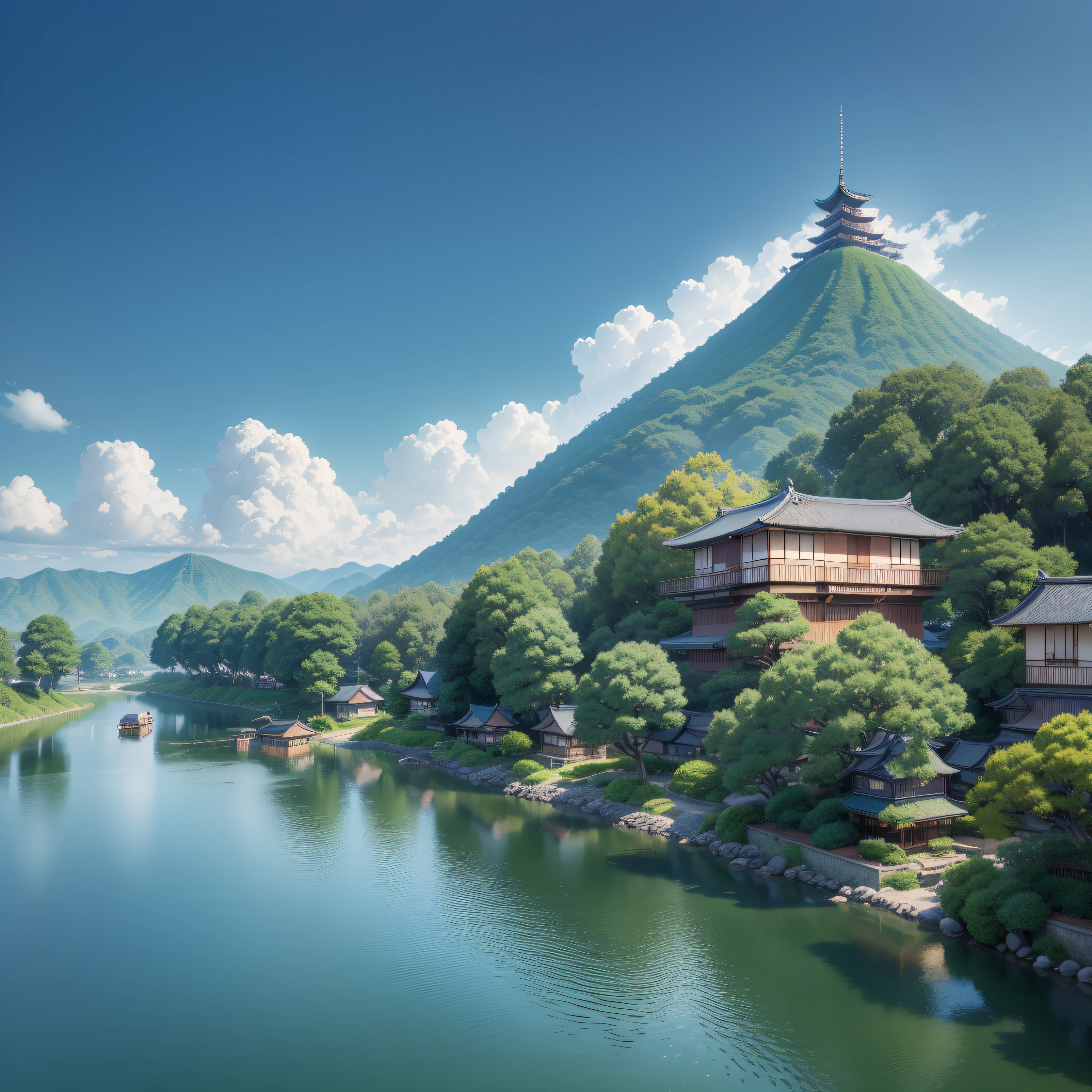 (Japanese town Landscape), (Hayao Miyazaki Style), cartoon, japanese rarely townhouse, road, bend, small house, tree, pole, white cloud, calm landscape, outdoor, green trees, epic composition, realistic lighting, high-definition detail, masterpiece, the best quality, (very detailed CG unified 8k wallpaper), --v6