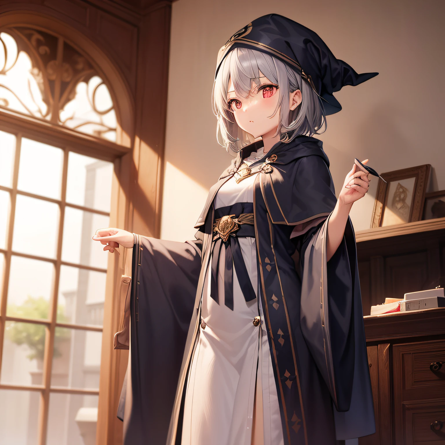 bestquality、an extremely delicate and beautiful、(age girl)、Red-eye、Small breasts、Short hair、Gray hair、Short hair、(Gray Wizard Hat)、(Pointy hat)、One person、Long sleeves、((Gray wizard robe))、Standing