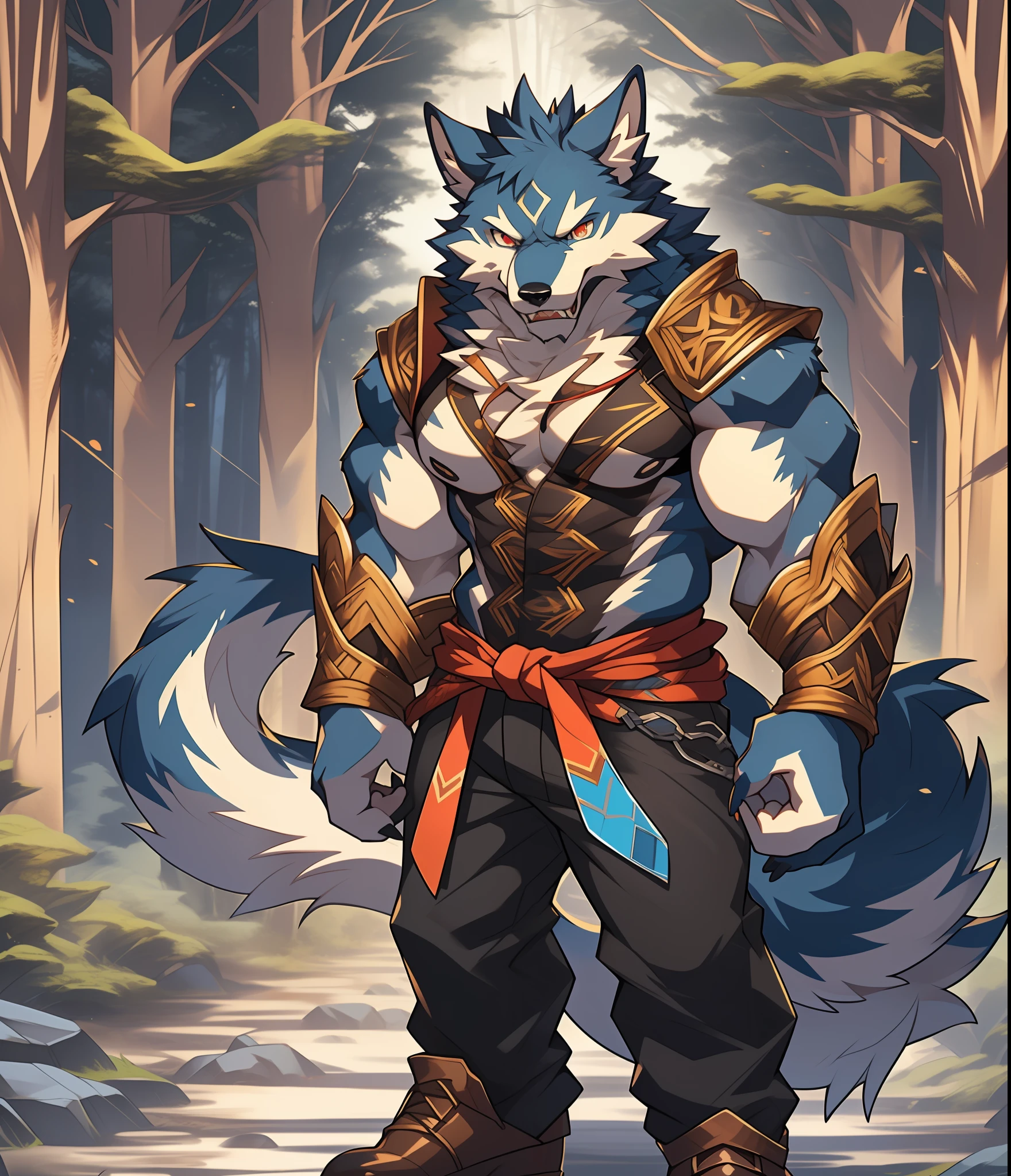 Furry muscular werewolf male wearing only pants, furry art, muscular werewolf, High Resolution Committee, Full body committee, delicate eyes, pupil color is orange-gold, furry color black, furry anime, Fursona furry art committee, Furry Flsona, Gorgeous werewolf Flsona, Hairy chest, crossed waist with one hand, brown boots on his feet, showing his toes and showing his heels, Furry art, Expression fierce, tsundere, 1boy, a long furry wolf tail with fangs in the mouth, Gaze at the screen, sharp claws, two legs, standing on both feet, human wolf, as a character in Iron Fist, Flsona art, background, forest path
