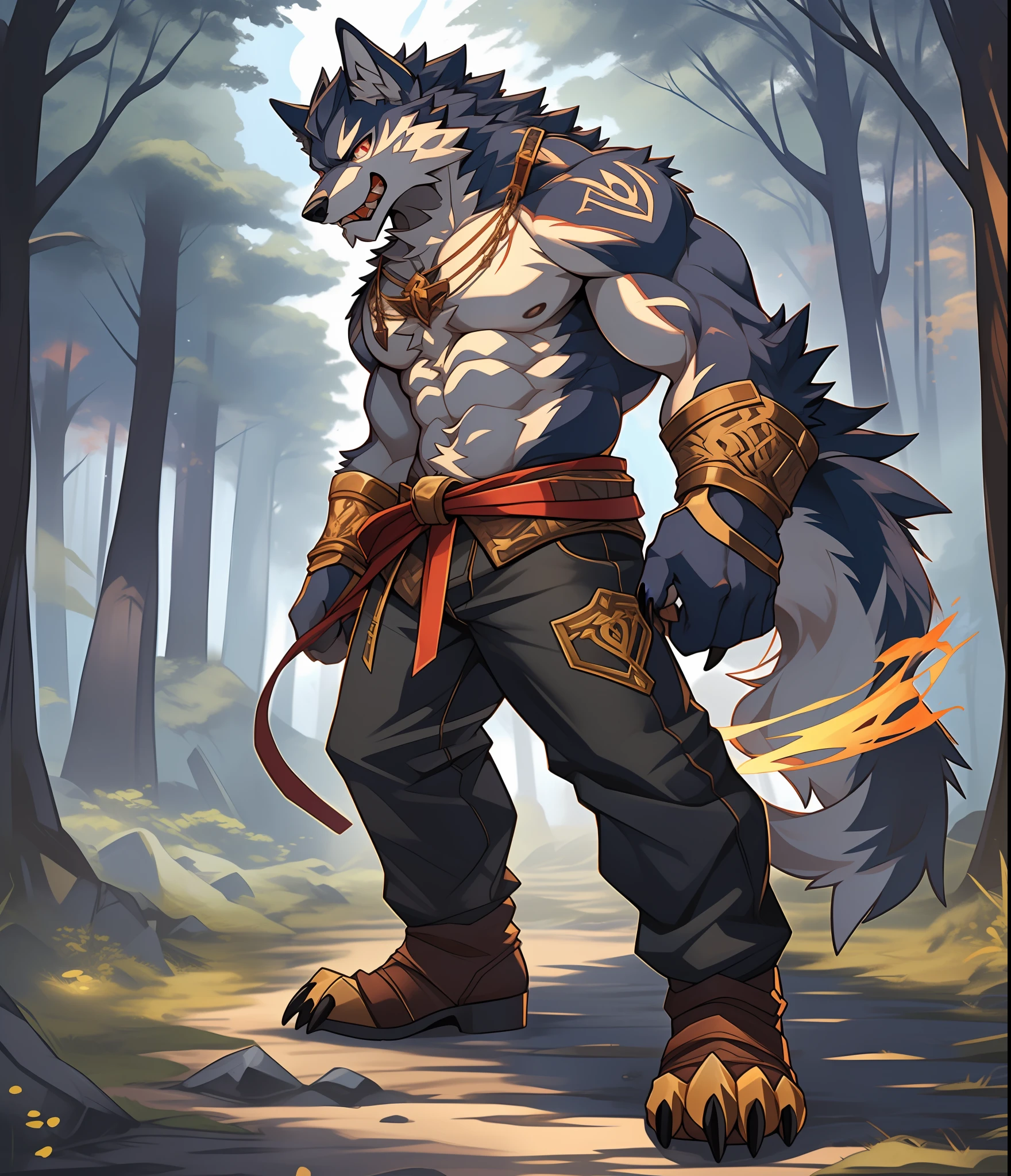 Furry muscular werewolf male wearing only pants, furry art, muscular werewolf, High Resolution Committee, Full body committee, delicate eyes, pupil color is orange-gold, furry color black, furry anime, Fursona furry art committee, Furry Flsona, Gorgeous werewolf Flsona, Hairy chest, crossed waist with one hand, brown boots on his feet, showing his toes and showing his heels, Furry art, Expression fierce, tsundere, 1boy, a long furry wolf tail with fangs in the mouth, Gaze at the screen, sharp claws, two legs, standing on both feet, human wolf, as a character in Iron Fist, Flsona art, background, forest path