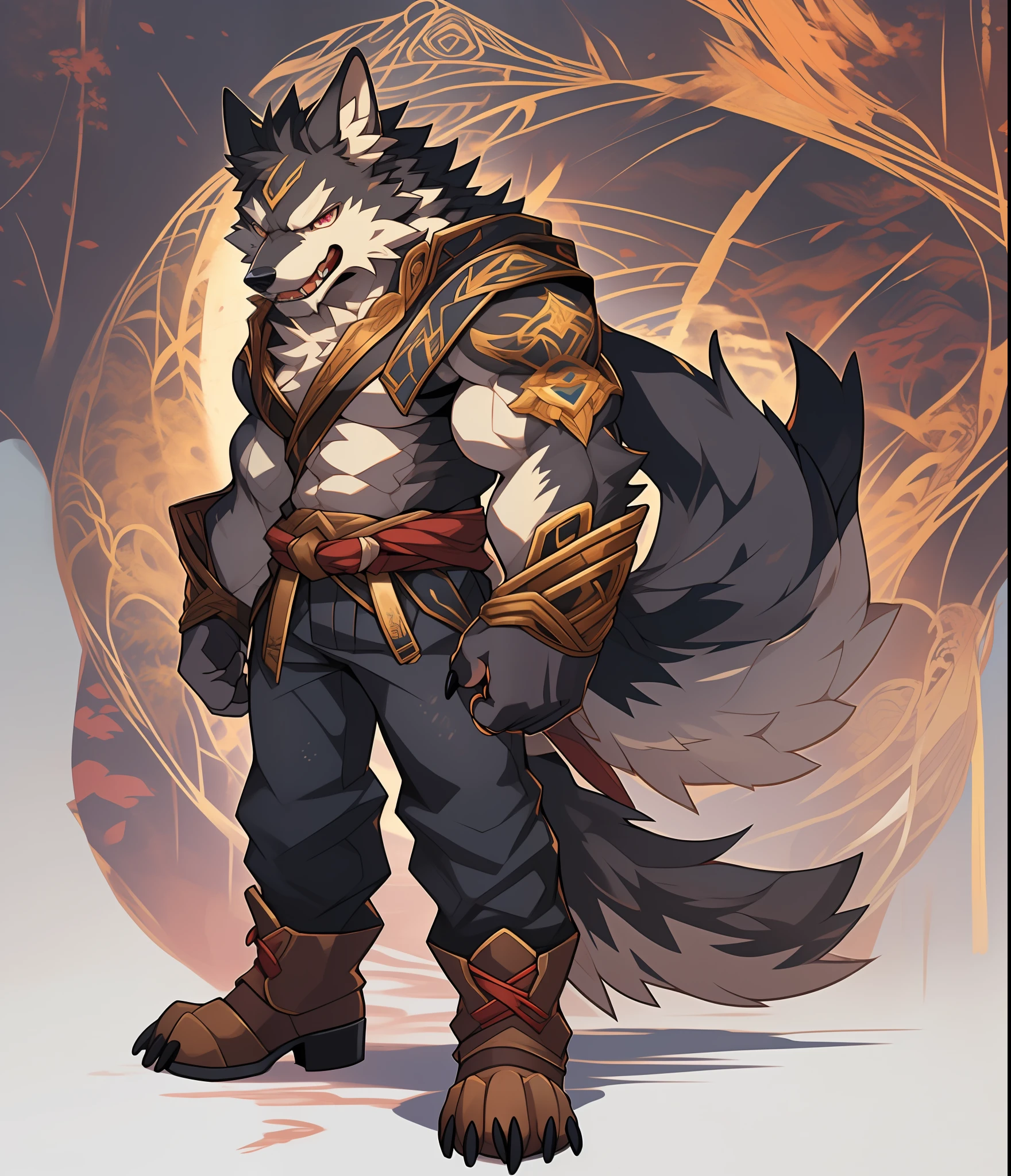 Furry muscular werewolf male wearing only pants, furry art, muscular werewolf, High Resolution Committee, Full body committee, delicate eyes, pupil color is orange-gold, furry color black, furry anime, Fursona furry art committee, Furry Flsona, Gorgeous werewolf Flsona, Hairy chest, crossed waist with one hand, brown boots on his feet, showing his toes and showing his heels, Furry art, Expression fierce, tsundere, 1boy, a long furry wolf tail with fangs in the mouth, Gaze at the screen, sharp claws, two legs, standing on both feet, human wolf, as a character in Iron Fist, Flsona art, background, forest path