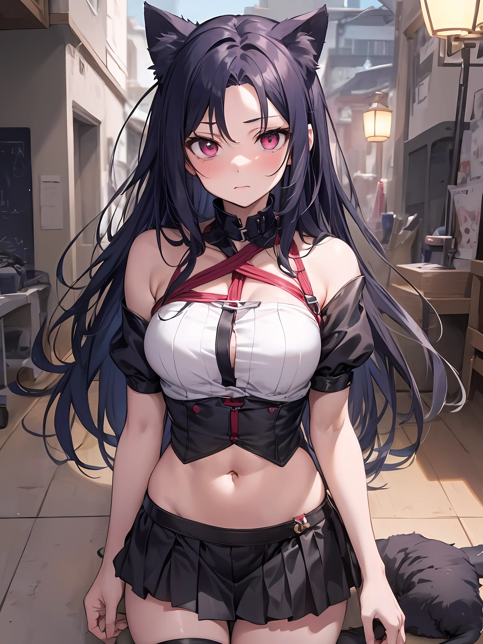 The highest quality、8K))One woman Anime girl with long black hair and cat ears、Rin Tohsaka、anime moe artstyle、Fate/Anime style like Stay Night、Anime girls with long hair、Very cute anime girl face、Night Core、From the front line of girls、Portrait of a cute anime girl、Anime girl with cat ears、High-quality anime art style、 Beautiful anime women Sexy Miwaki Beautiful abs In the street
