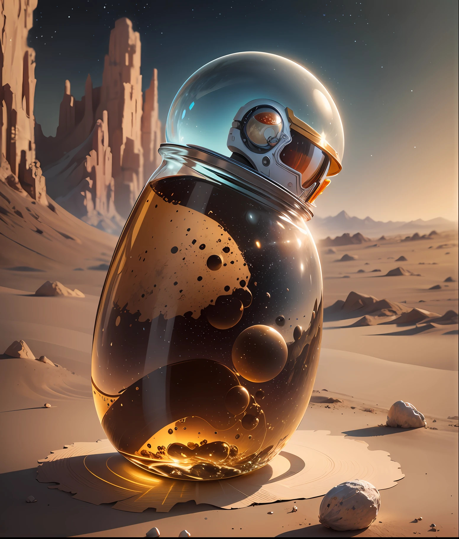 (botella de cristal con l planeta marte dentro). pintura digital, artstation, arte conceptual, enfoque suave, clear, illustration. ultra realistic. fotorealista --auto --s2