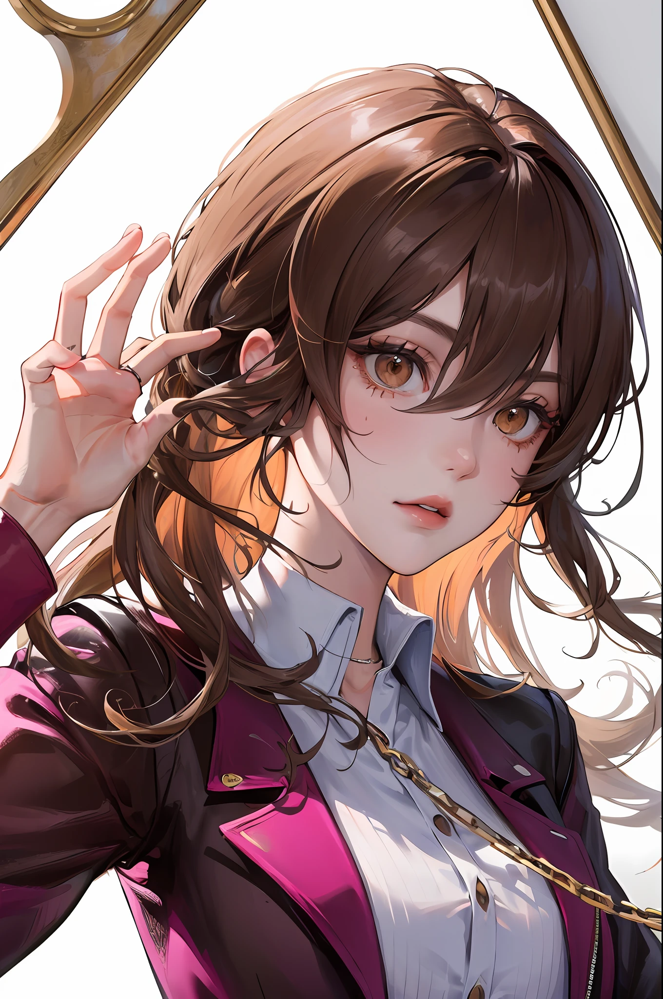 (highest res, distinct_image) best quality, female masterpiece, high detail, semi-realistic, (most body), pink long hair, bangs, 18 years old, young, pink purple flight suit, stand collar shirt, pants, Sharp Face, (brown Eyes, Hair Between Eyes), fluorescent long coat (Broken Glass), ((white background)), cold, serious, authoritative, powerful, (vertical painting), (exquisite facial features, exquisite facial features)