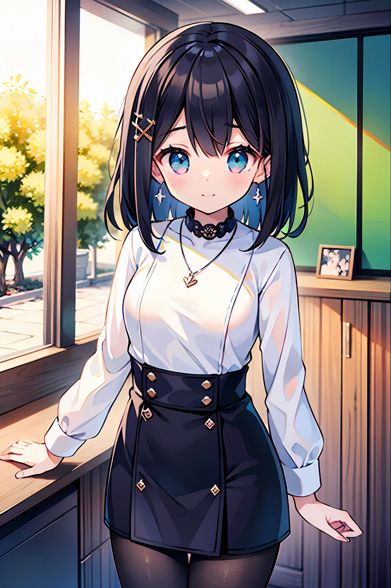 bestquality、Ultra High Resolution、1 -yeld giShort hair、Dark hair、hair ornament、indoor、office、Using a computer、White lace blouse、Black tight skirt、necklace、Small breasts