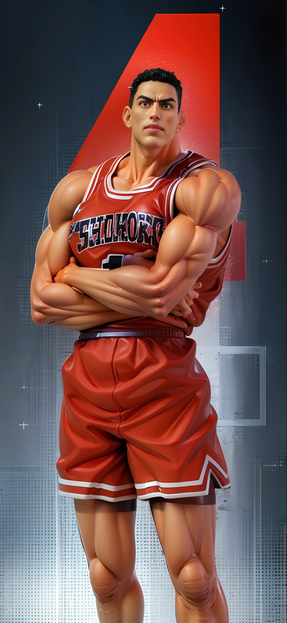 a close up of a cartoon of a basketball player with a red uniform, akihiko yoshida 8 k, akihiko yoshida!, shogakukan, kentaro miura manga art style, kentaro miura manga style, naoki ikushima, akihiko yoshida. nomax, shinkai makoto, slam dunk