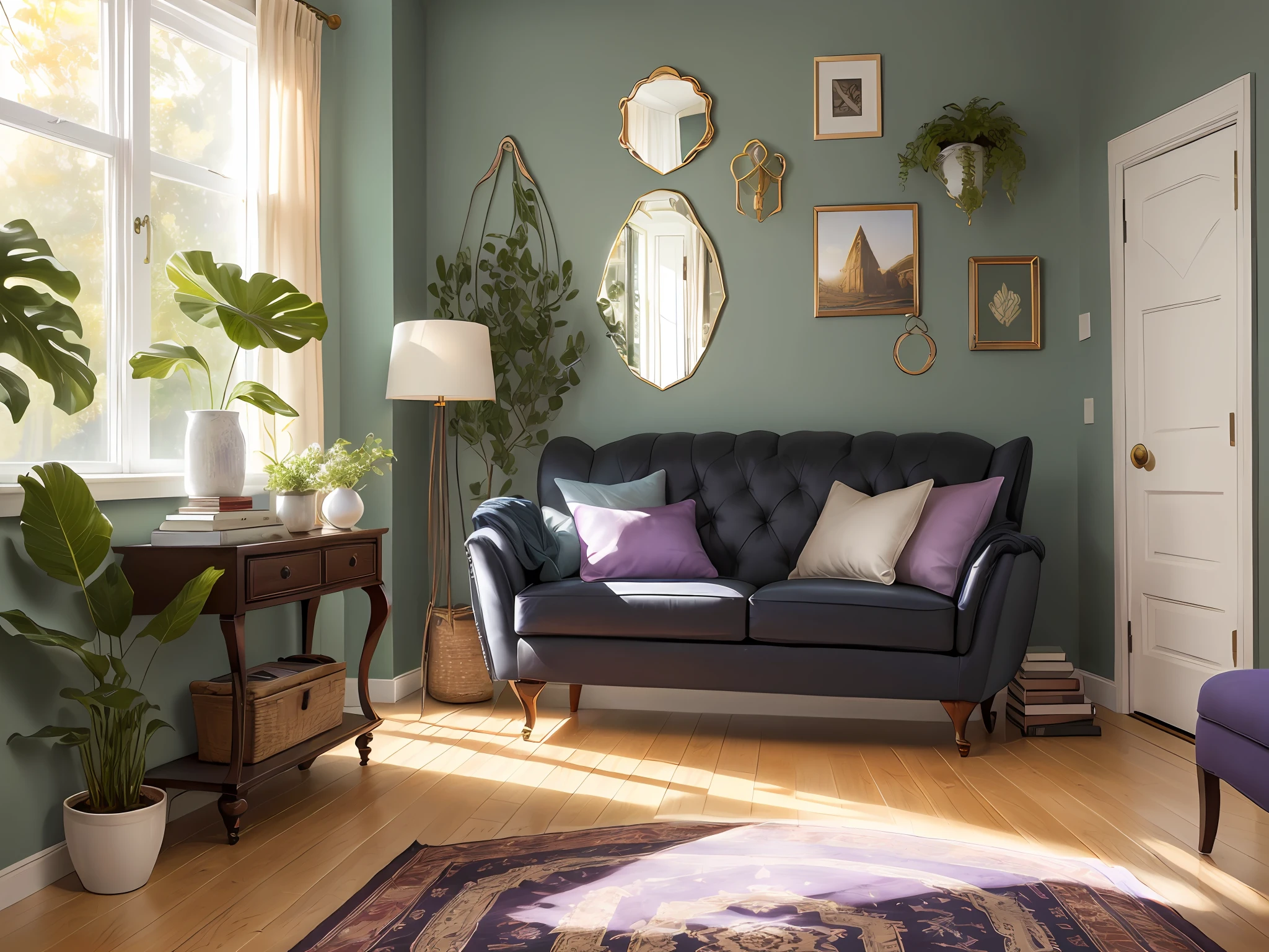 "Hollywood Glam Interior Design Style, violet wall in a cozy living room"