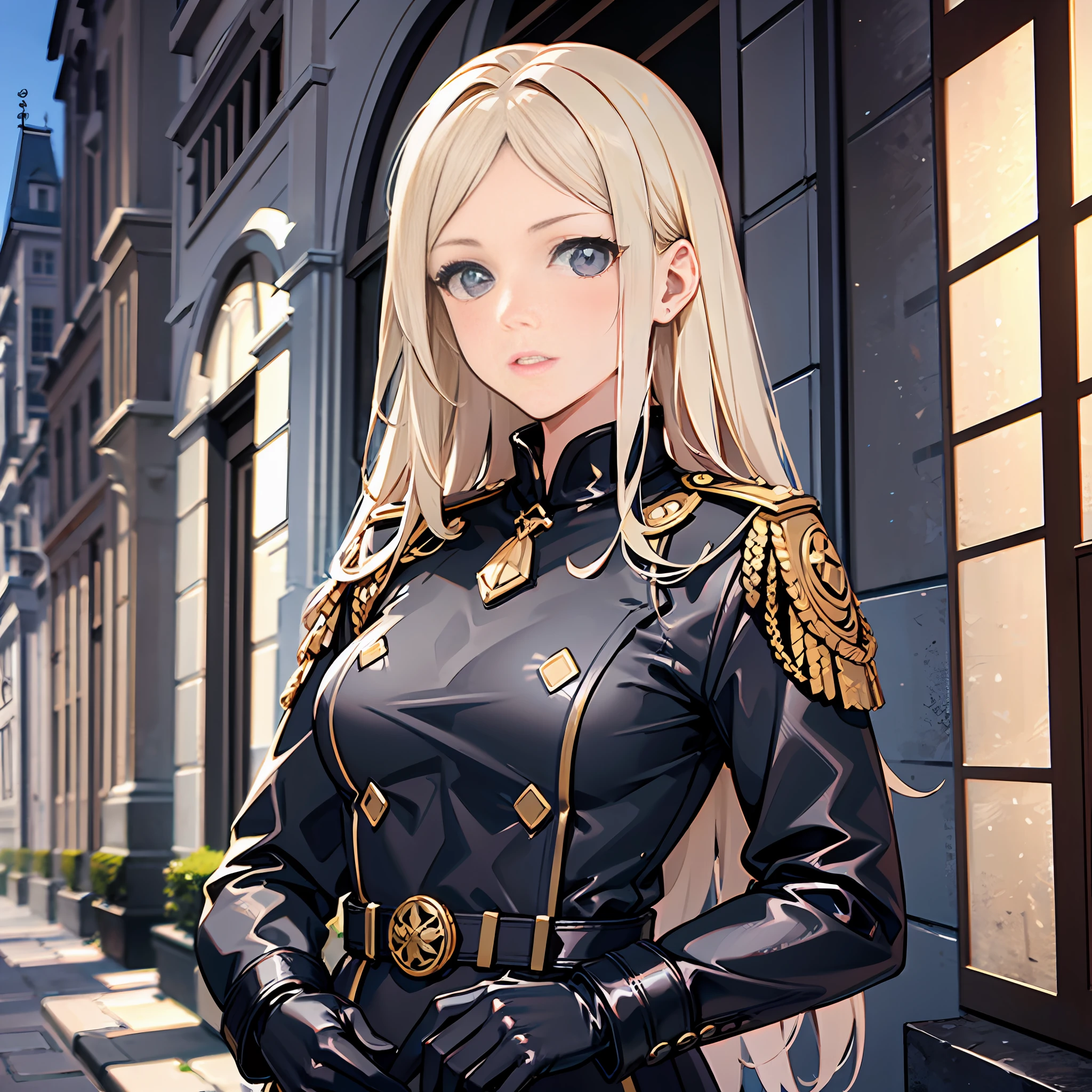 Portrait of a woman, Slavic appearance: blond hair; sharp facial features; straight nose; pronounced high cheekbones, divine appearance, stands upright, guards uniform: gray double-breasted overcoat; gray pants; Black leather belt with steel clasp, full height, maximum detail, masterpiece quality, black leather gloves, background: stone paved road with European houses of the first half of the 20th century, high quality shadows, high quality light.